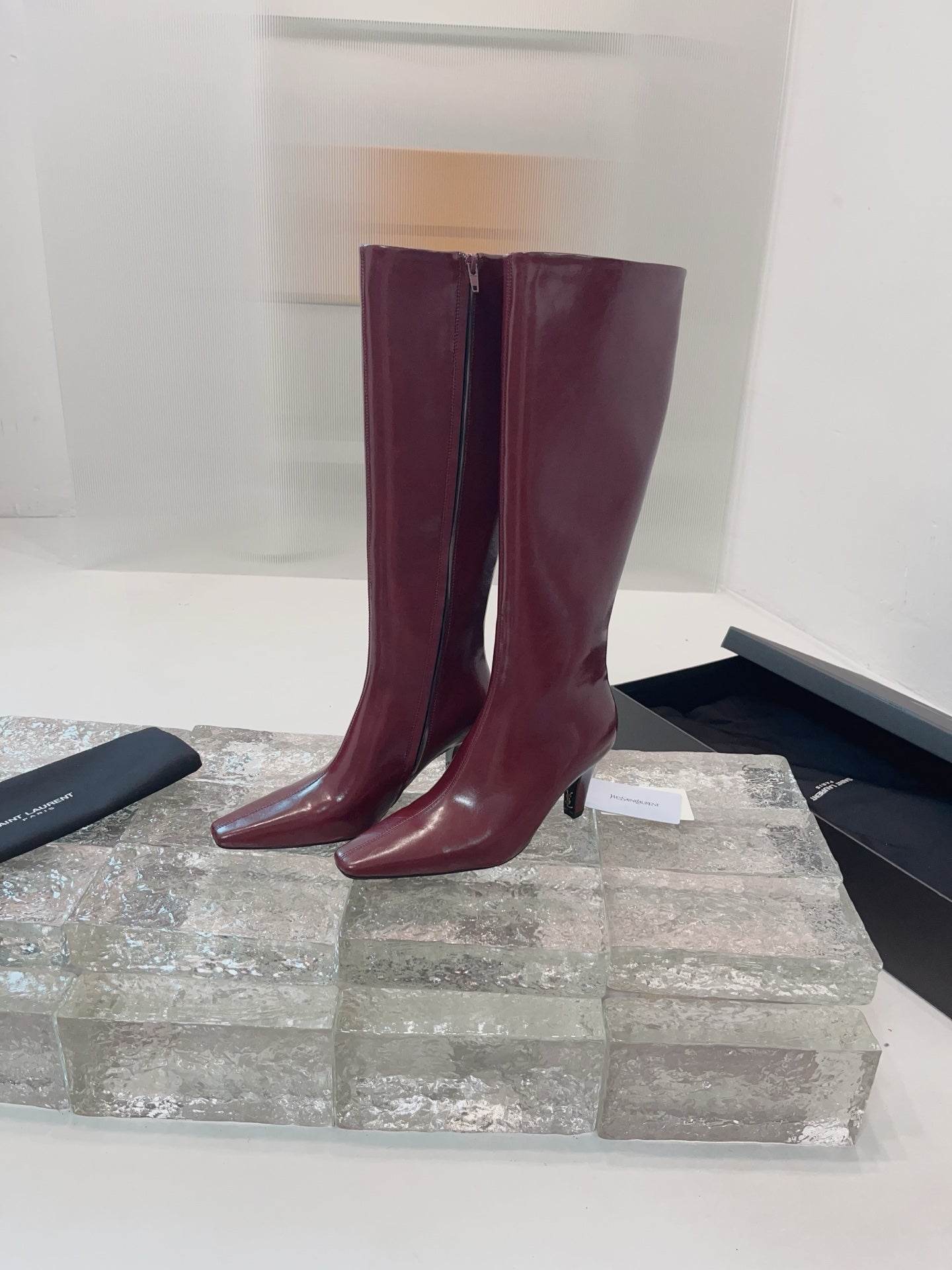 YSL 25 High Heeled Long Boot Burgundy Cowhide 522262