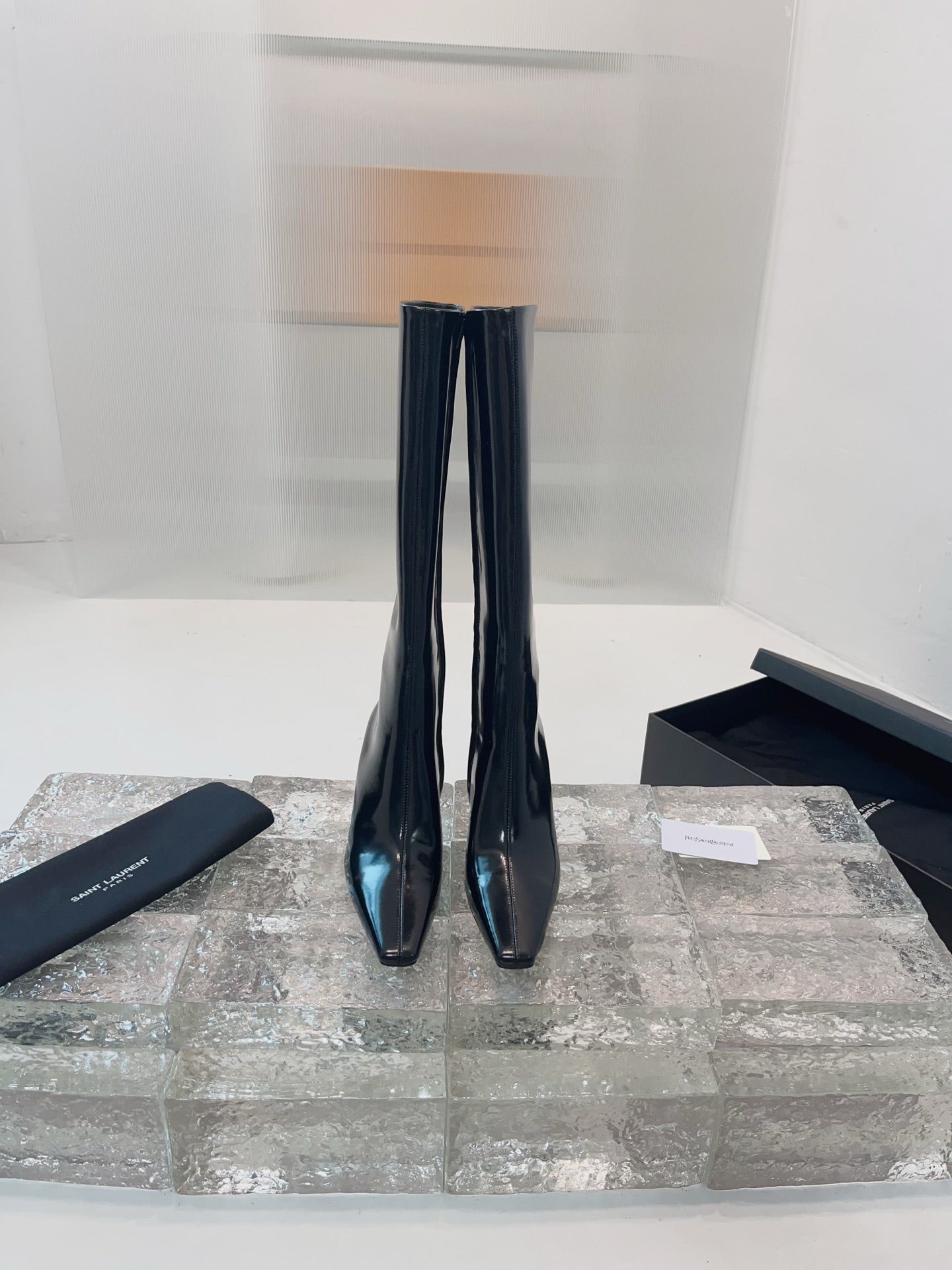 YSL 25 High Heeled Long Boot Black Cowhide 522263