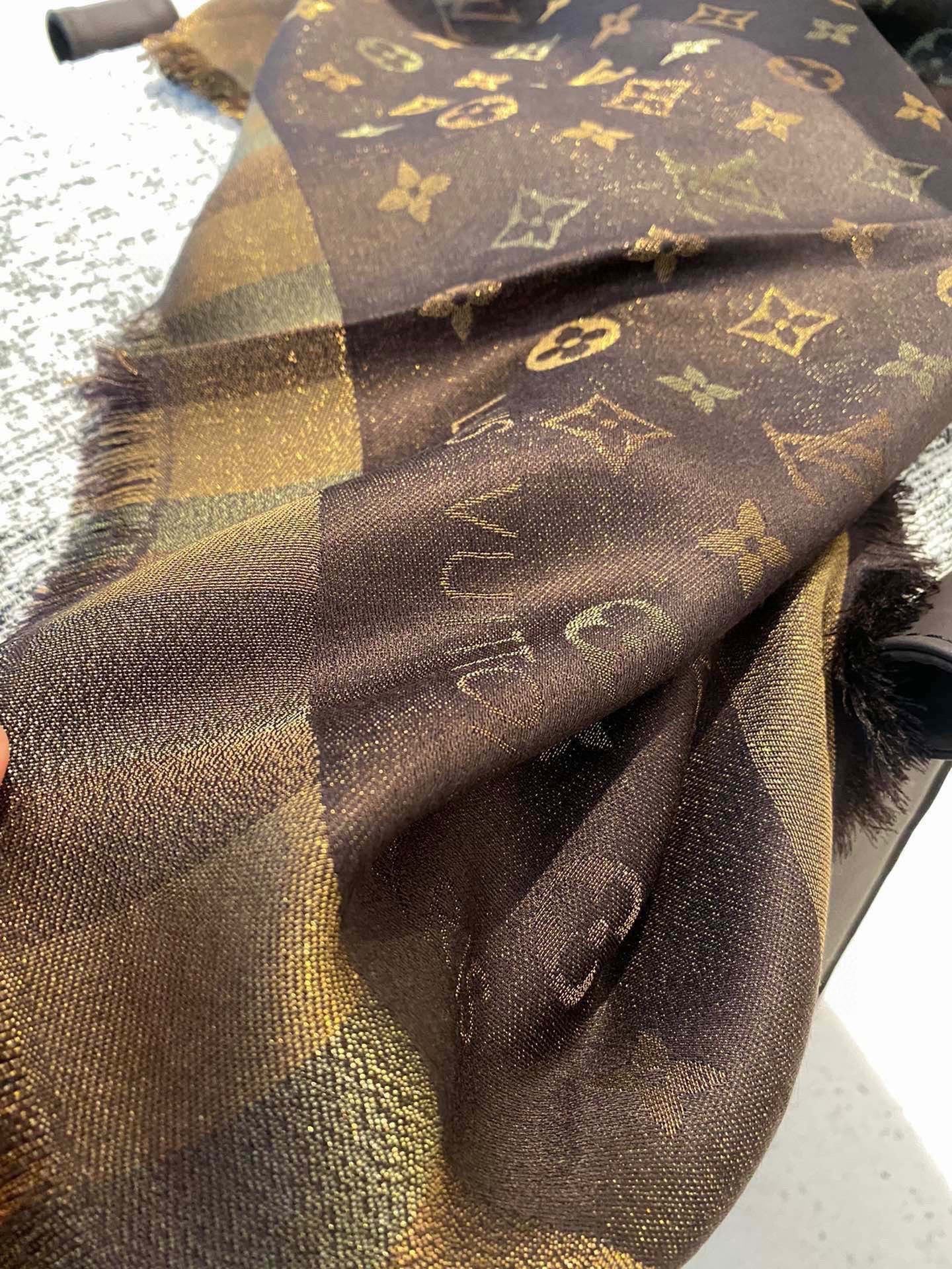 LV Monogram Scarf 140cm Brown Silk and Wool 967230