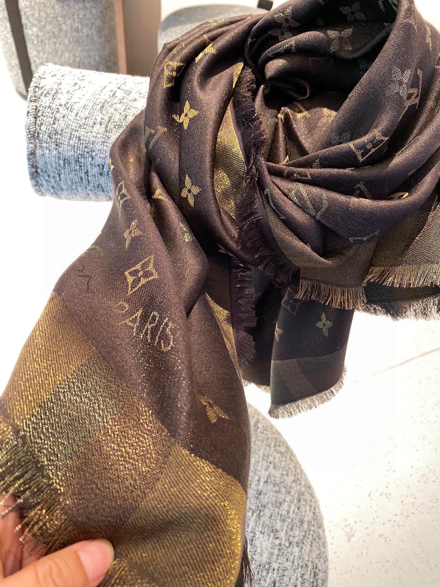 LV Monogram Scarf 140cm Brown Silk and Wool 967230