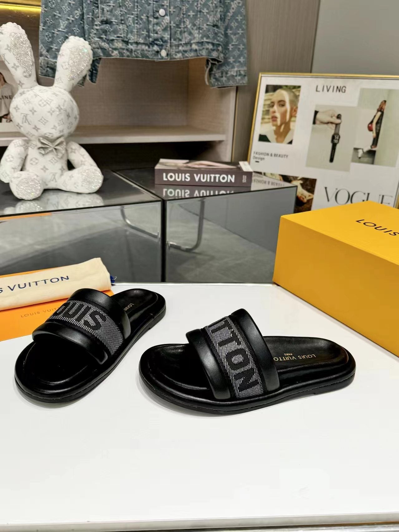 lv bliss flat mule grey canvas black calfskin