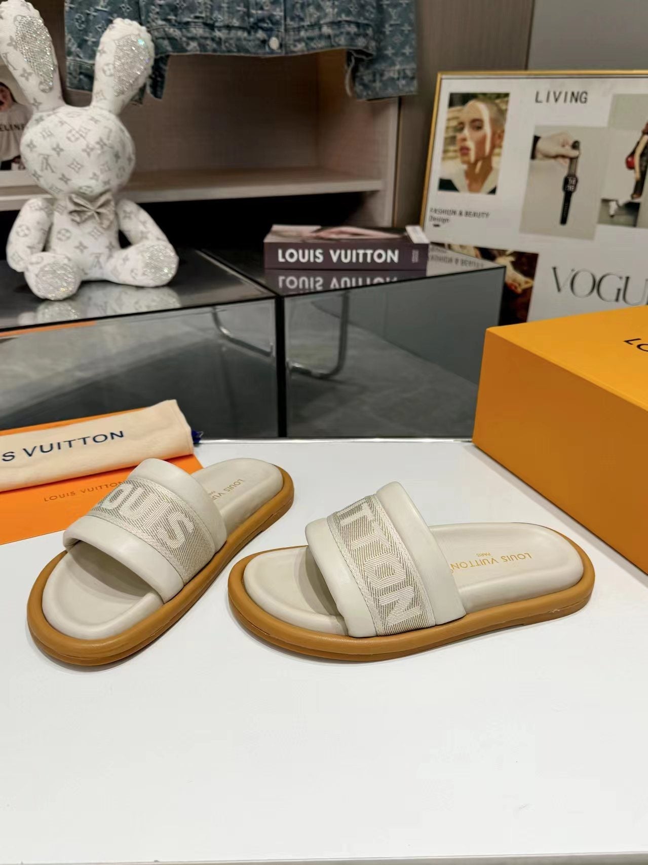 lv bliss flat mule cream canvas calfskin