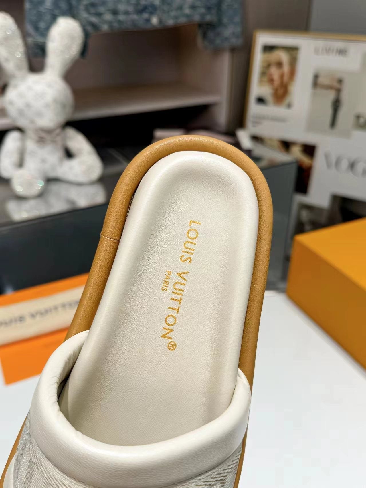 lv bliss flat mule cream canvas calfskin