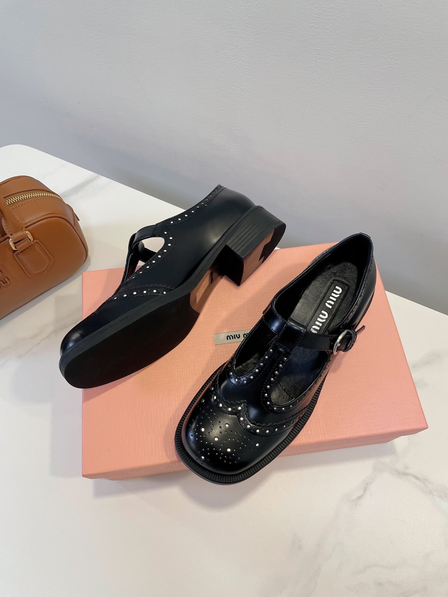 Miu Loafers T-Strap Black Cowhide