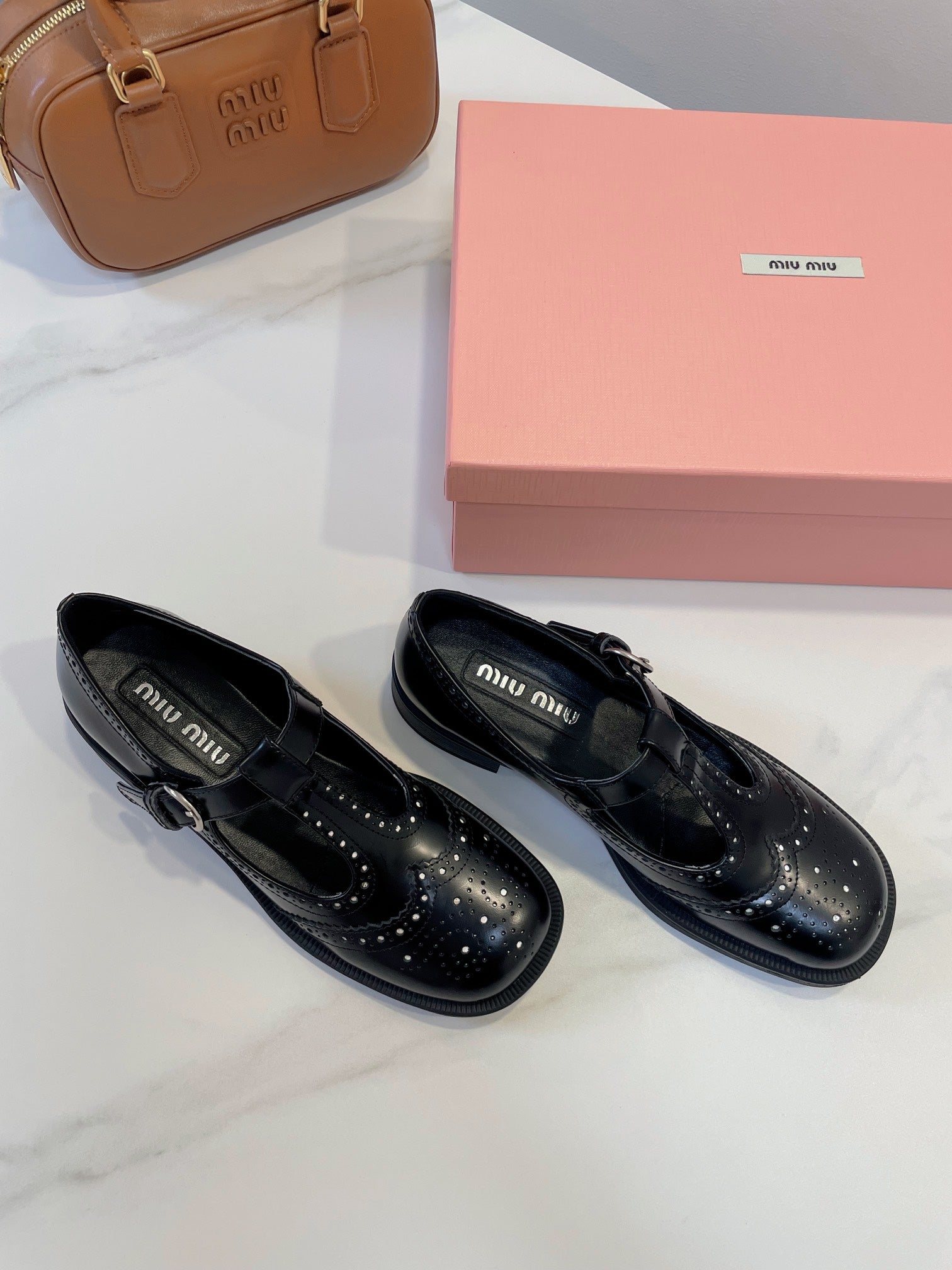 Miu Loafers T-Strap Black Cowhide