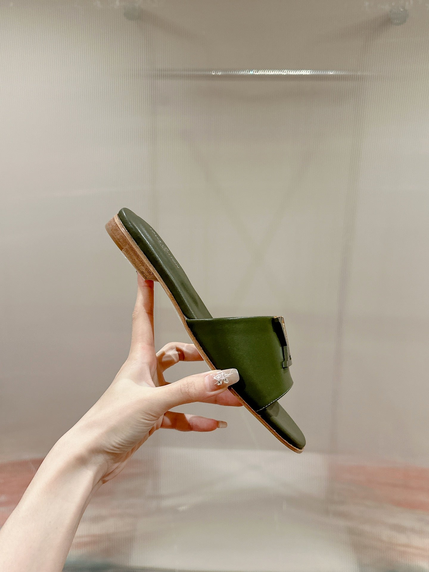 lv capri flat mule khaki green calfskin