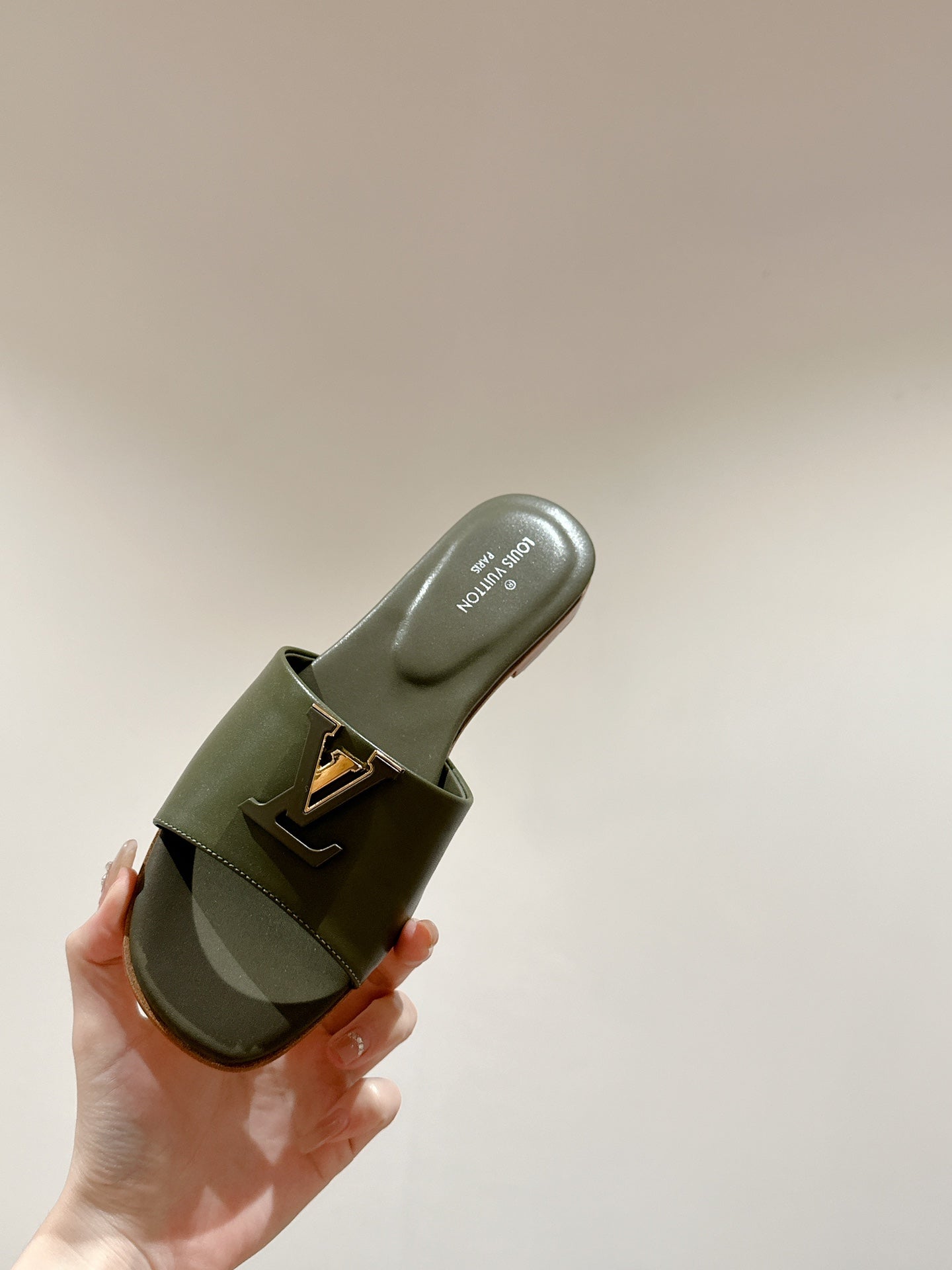 lv capri flat mule khaki green calfskin