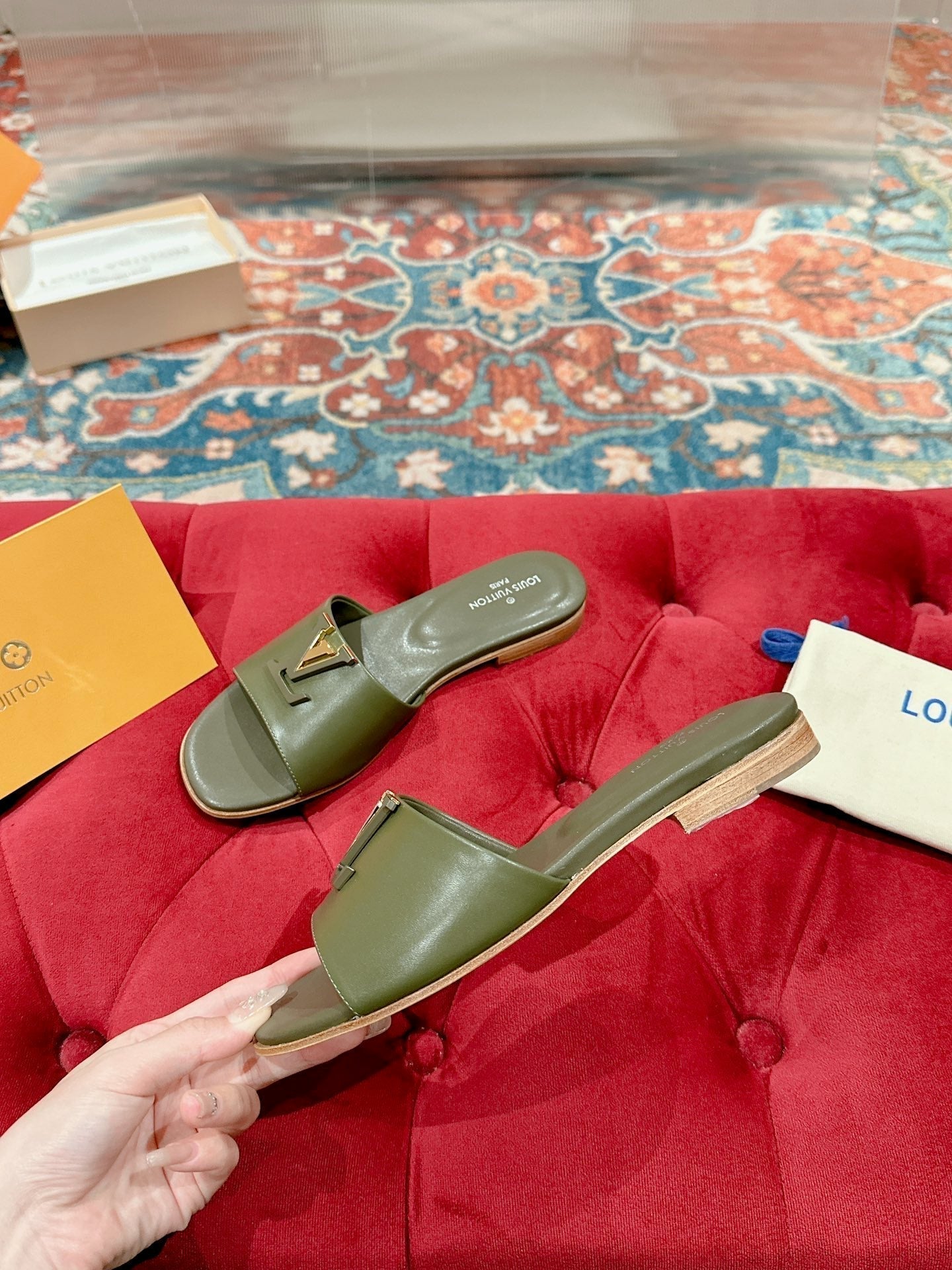 lv capri flat mule khaki green calfskin