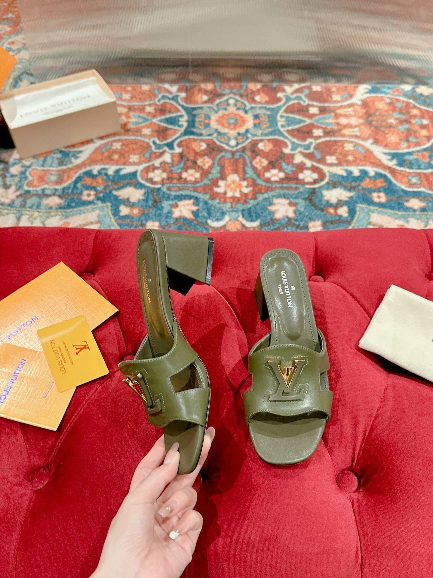 lv capri mule 45mm khaki green calfskin