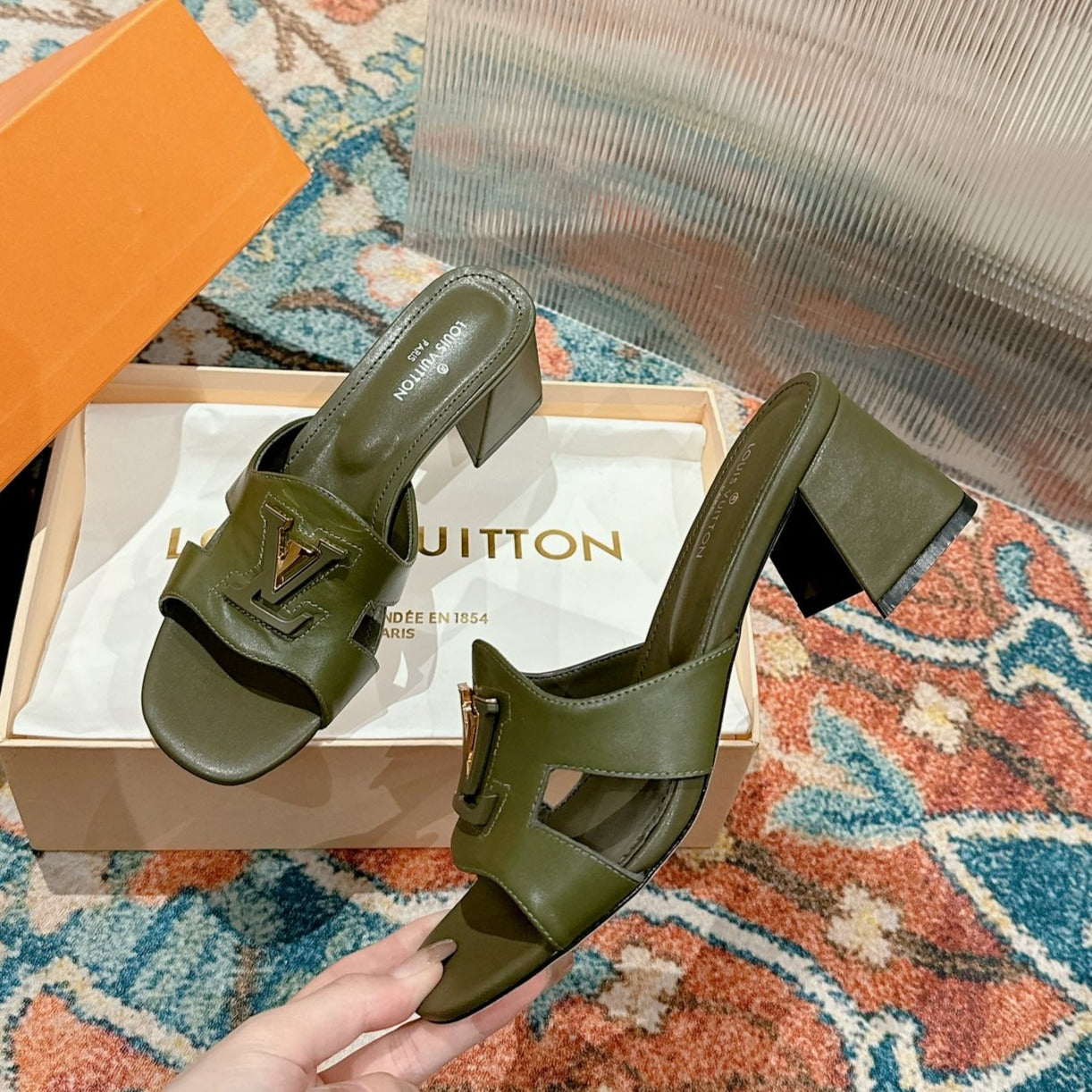 lv capri mule 45mm khaki green calfskin