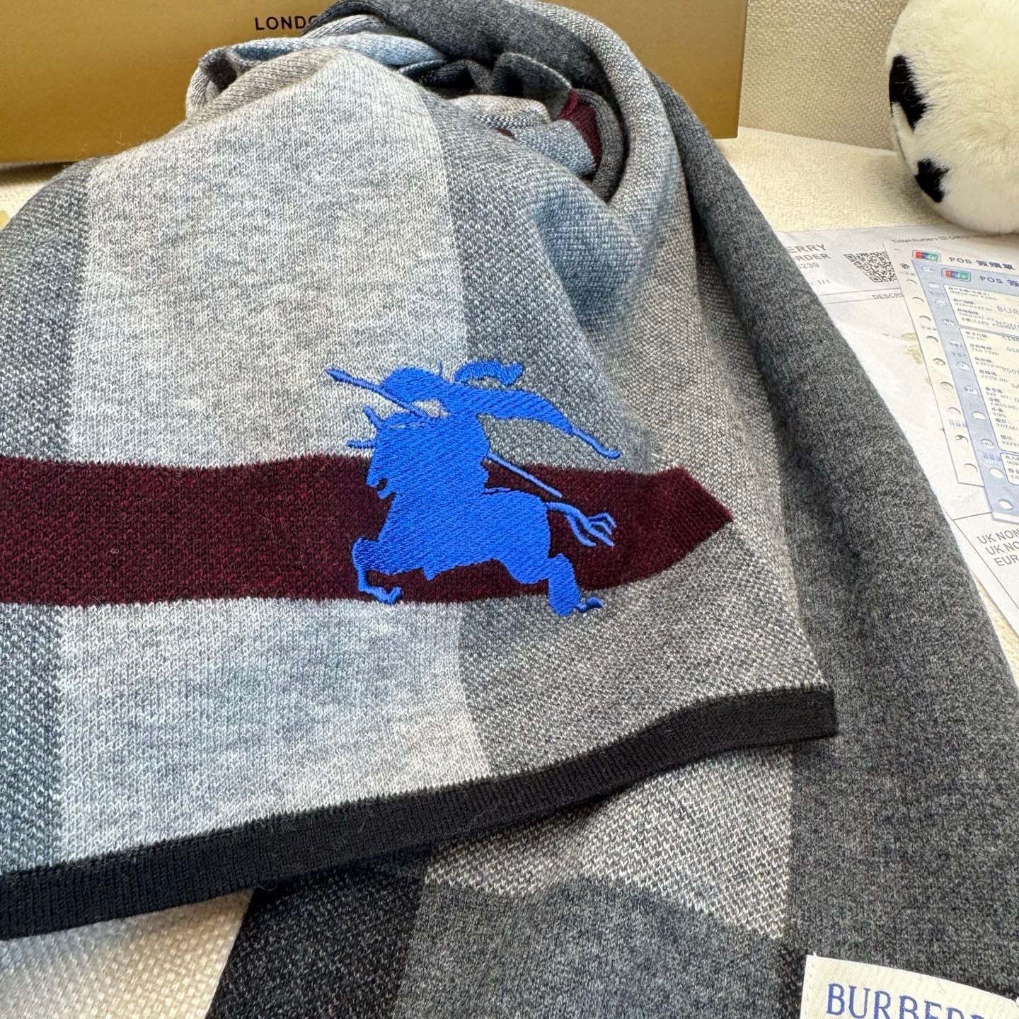 BBR Classic Embroidered Scarf 185CM Gray Black Cashmere 292807