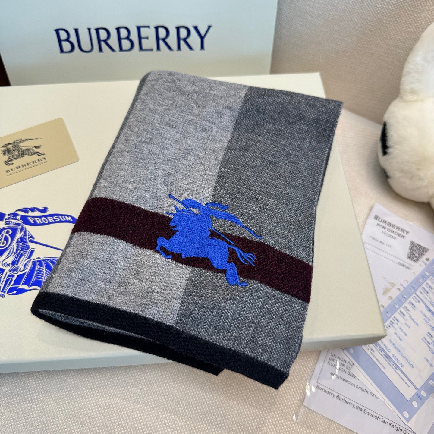 BBR Classic Embroidered Scarf 185CM Gray Black Cashmere 292807