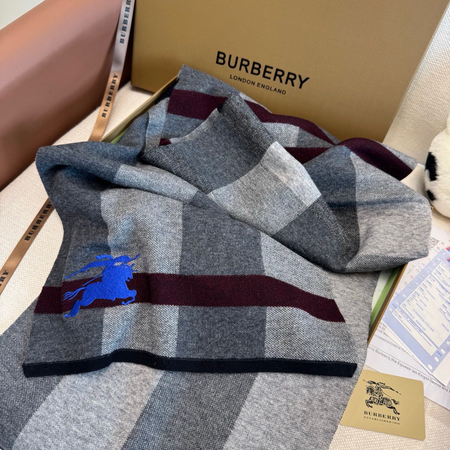 BBR Classic Embroidered Scarf 185CM Gray Black Cashmere 292807