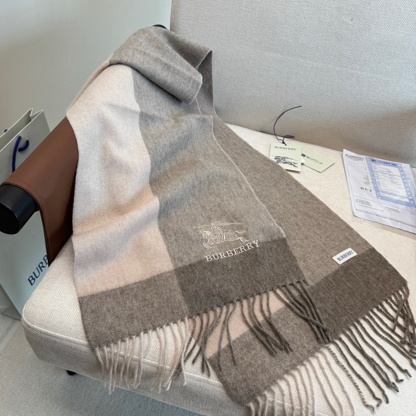 BBR Classic Embroidered Scarf 185CM Gray Brown Cashmere 292812