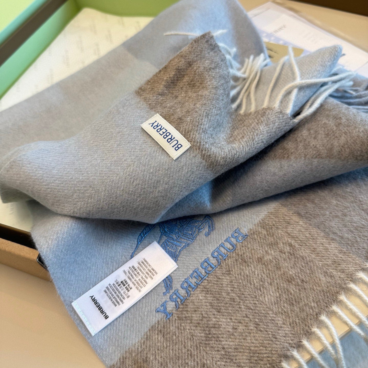 BBR Classic Embroidered Scarf 185CM Light Blue Cashmere 292813