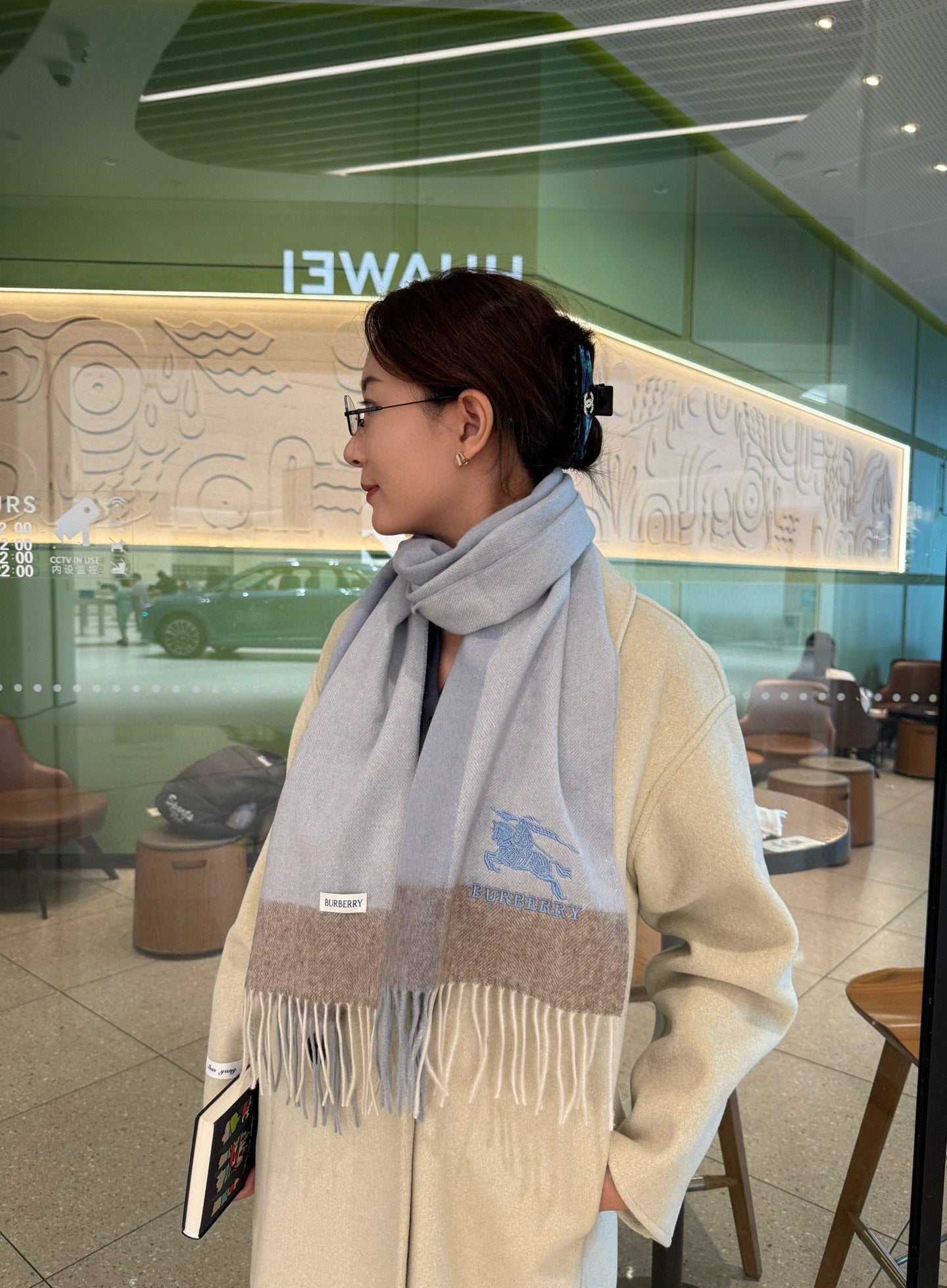 BBR Classic Embroidered Scarf 185CM Light Blue Cashmere 292813