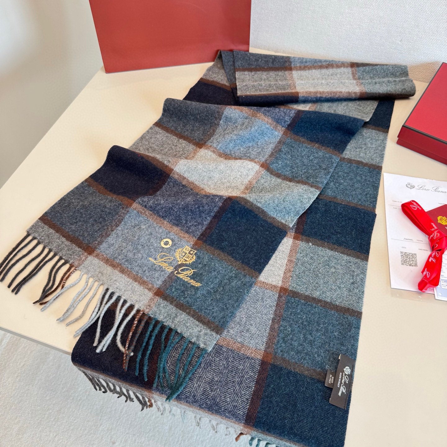 BBR Classic Embroidered Scarf 185CM Blue Cashmere 292819