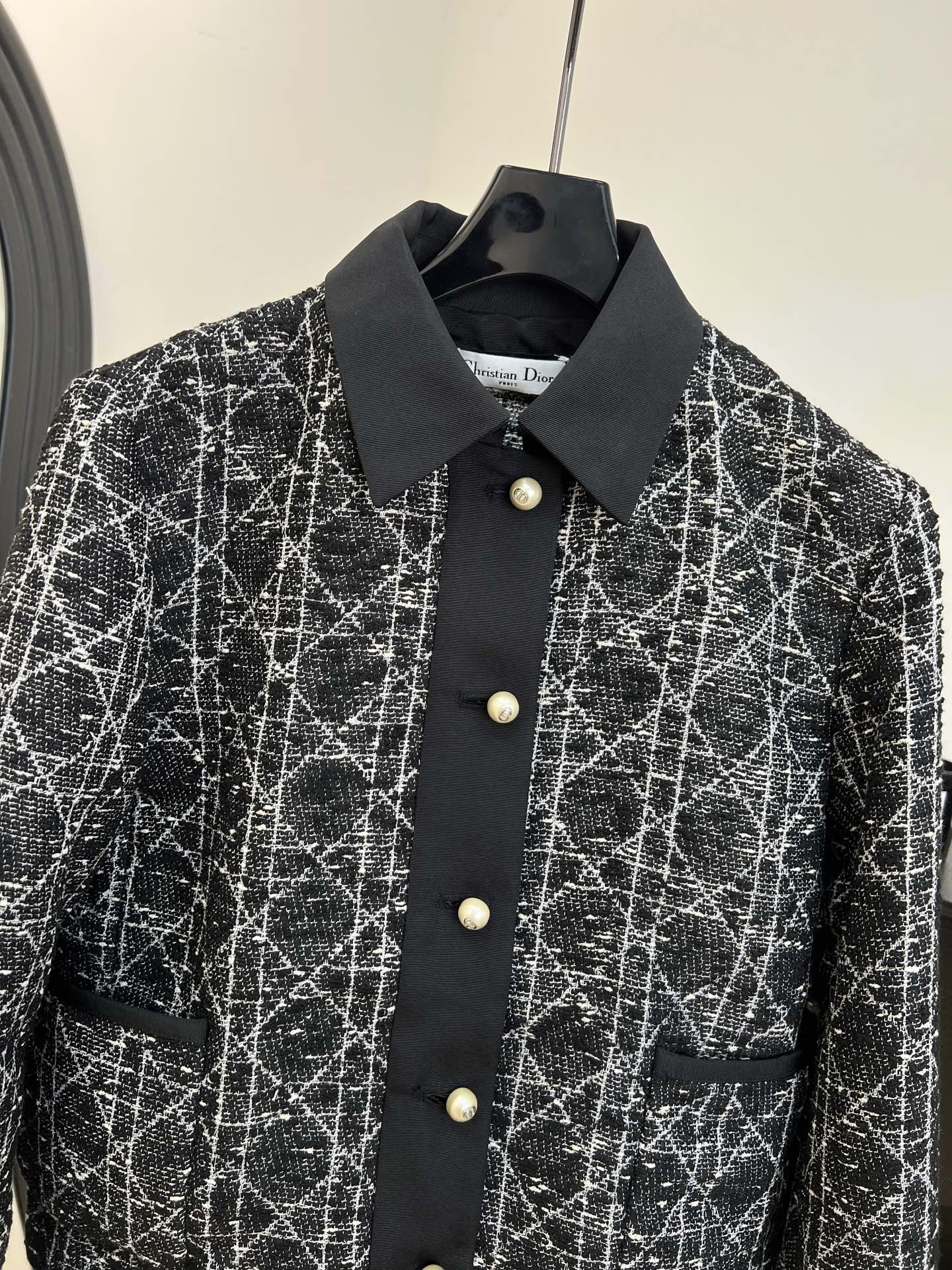 Dior 2025  Cannage Tweed Jacket with Pearl Buttons Black White Cotton