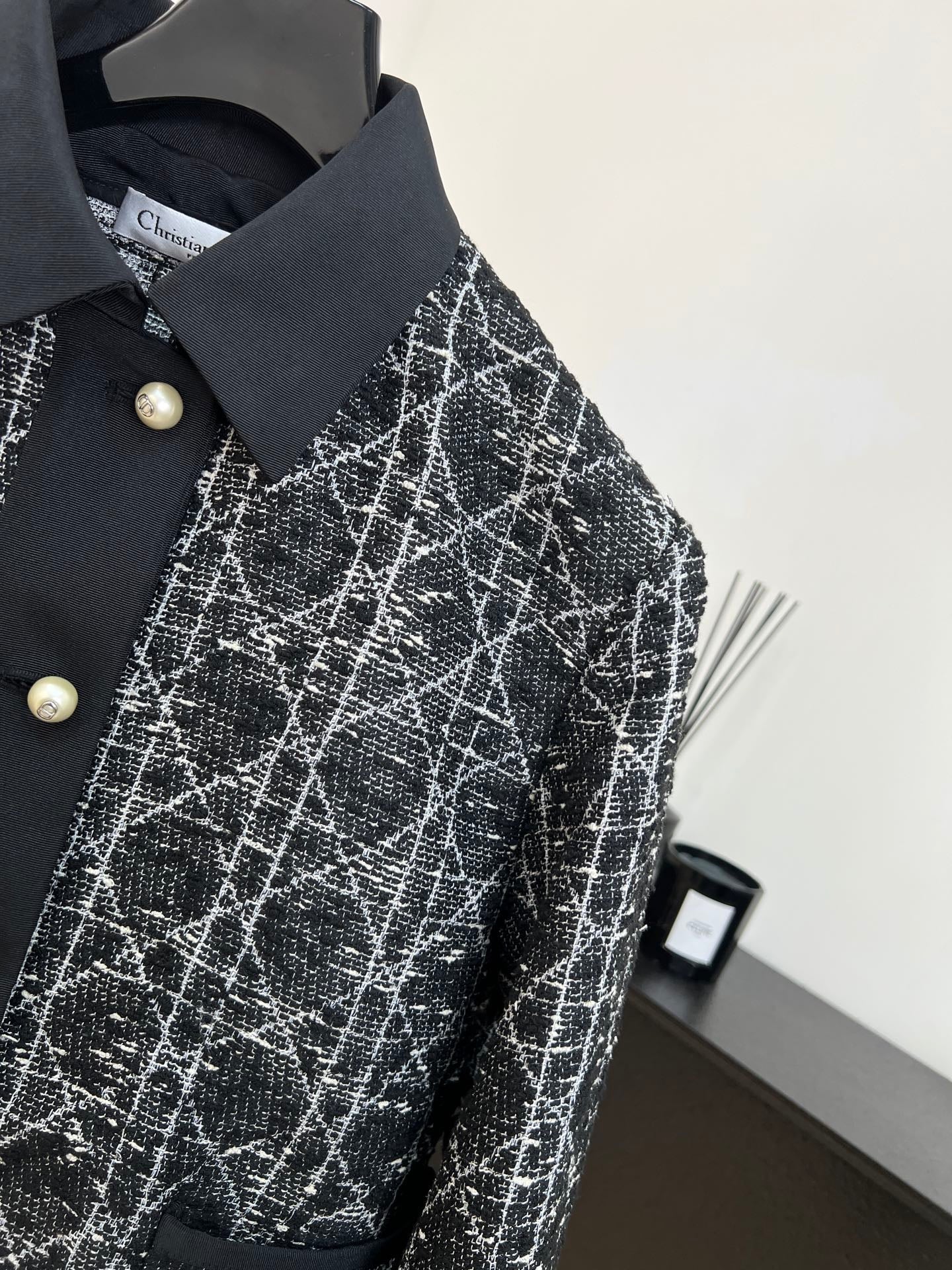 Dior 2025  Cannage Tweed Jacket with Pearl Buttons Black White Cotton