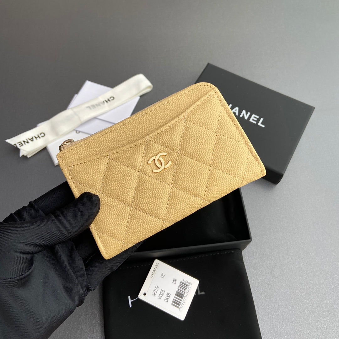 Chanel 2026 Quilted Card Holder 13cm Apricot Grained Calfskin