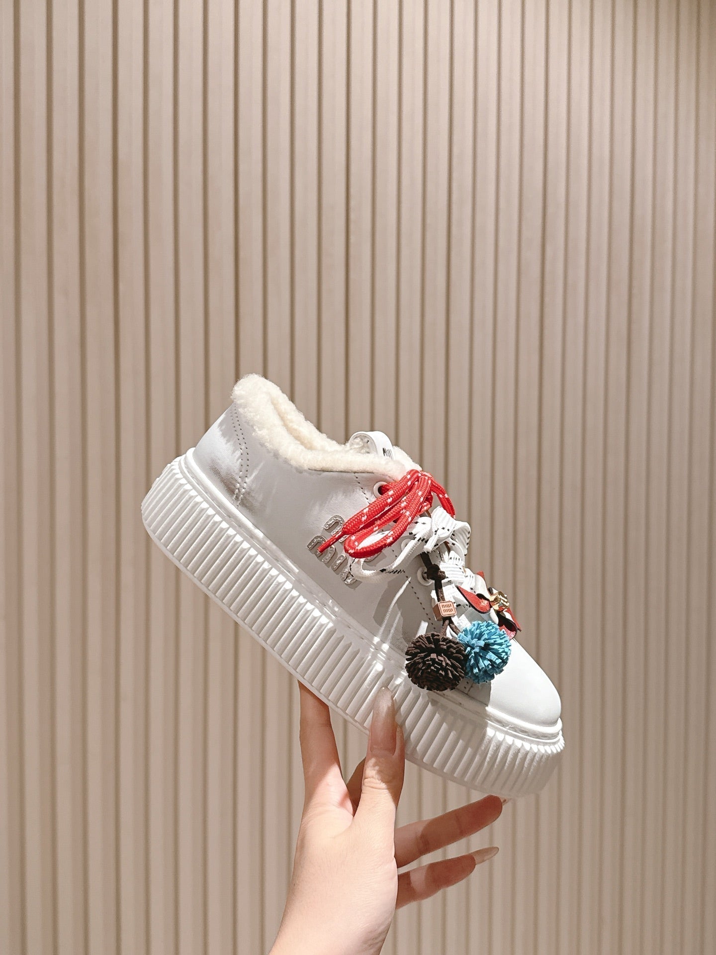 MIU MIU platform sneakers white leather wool 461859