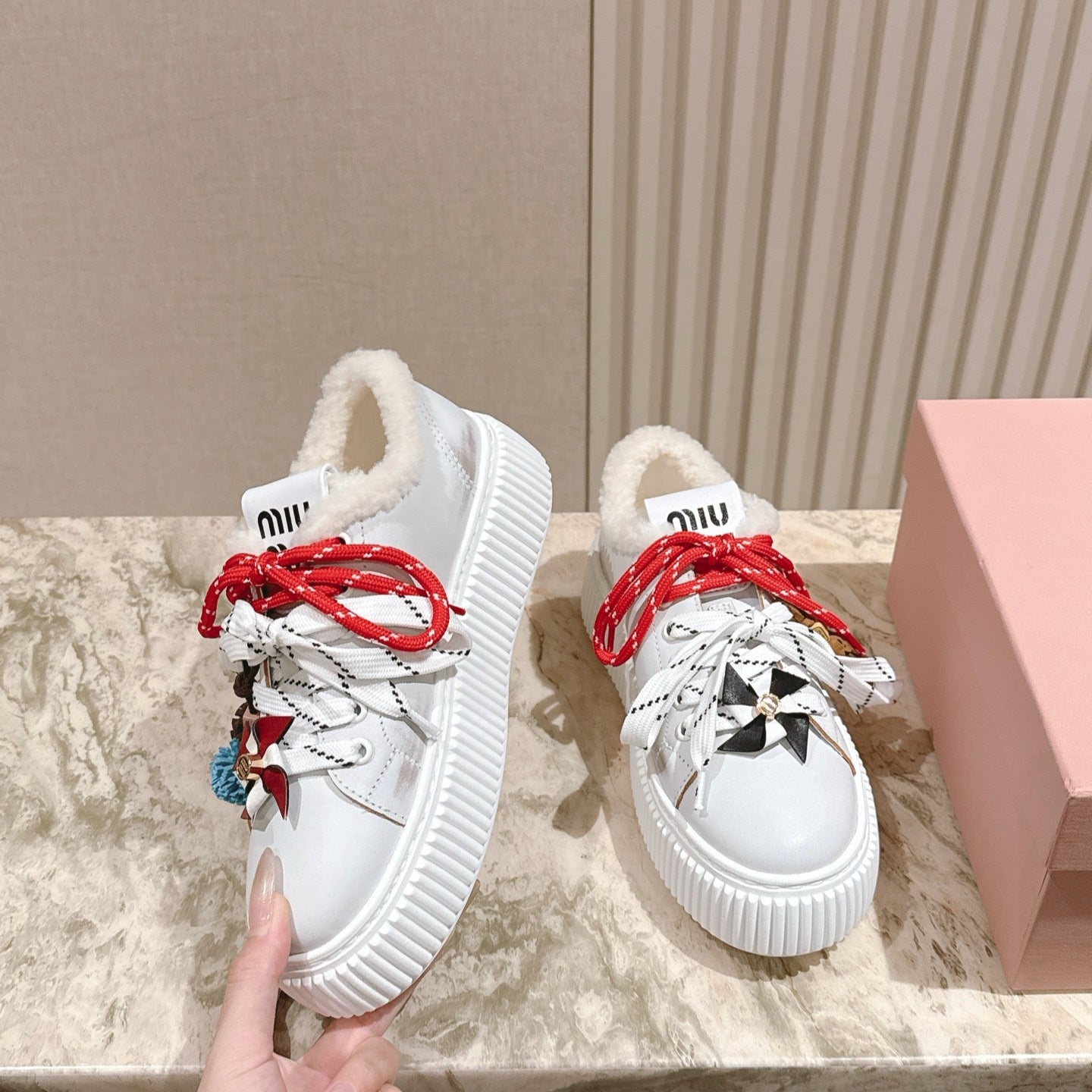 MIU MIU platform sneakers white leather wool 461859