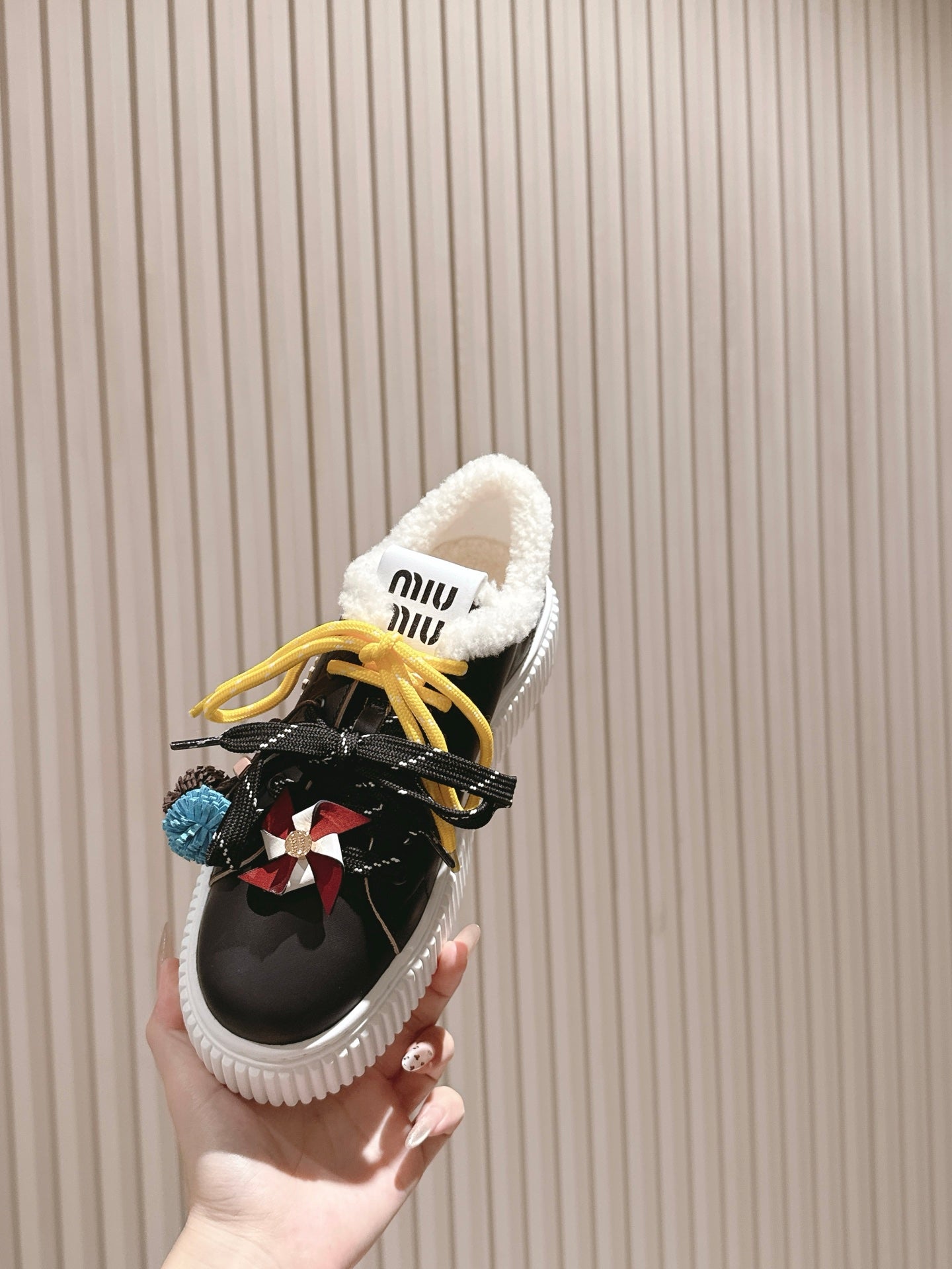 MIU MIU platform sneakers black leather wool 461860