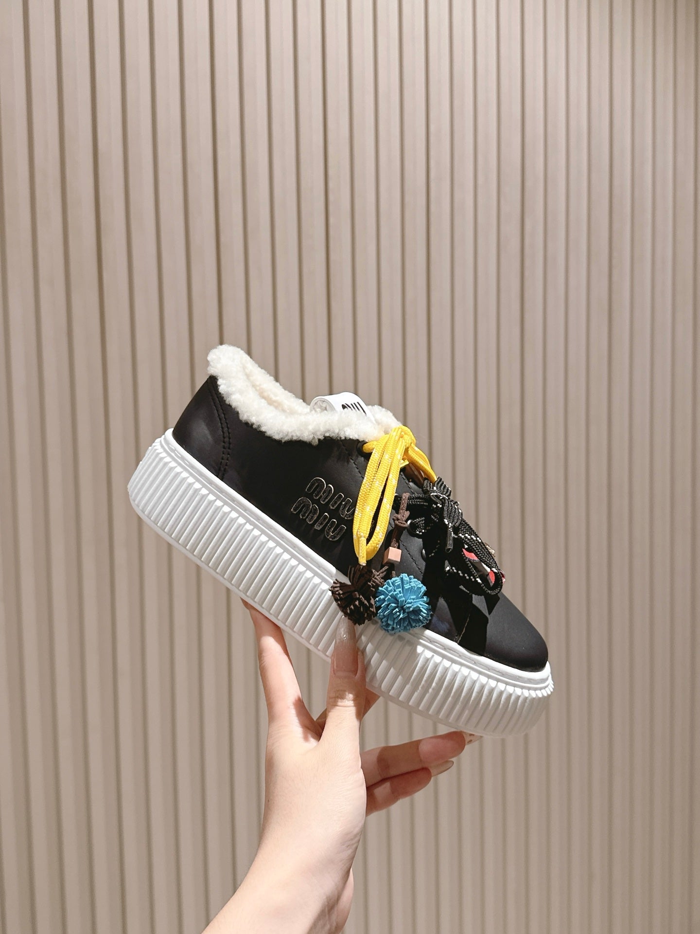 MIU MIU platform sneakers black leather wool 461860