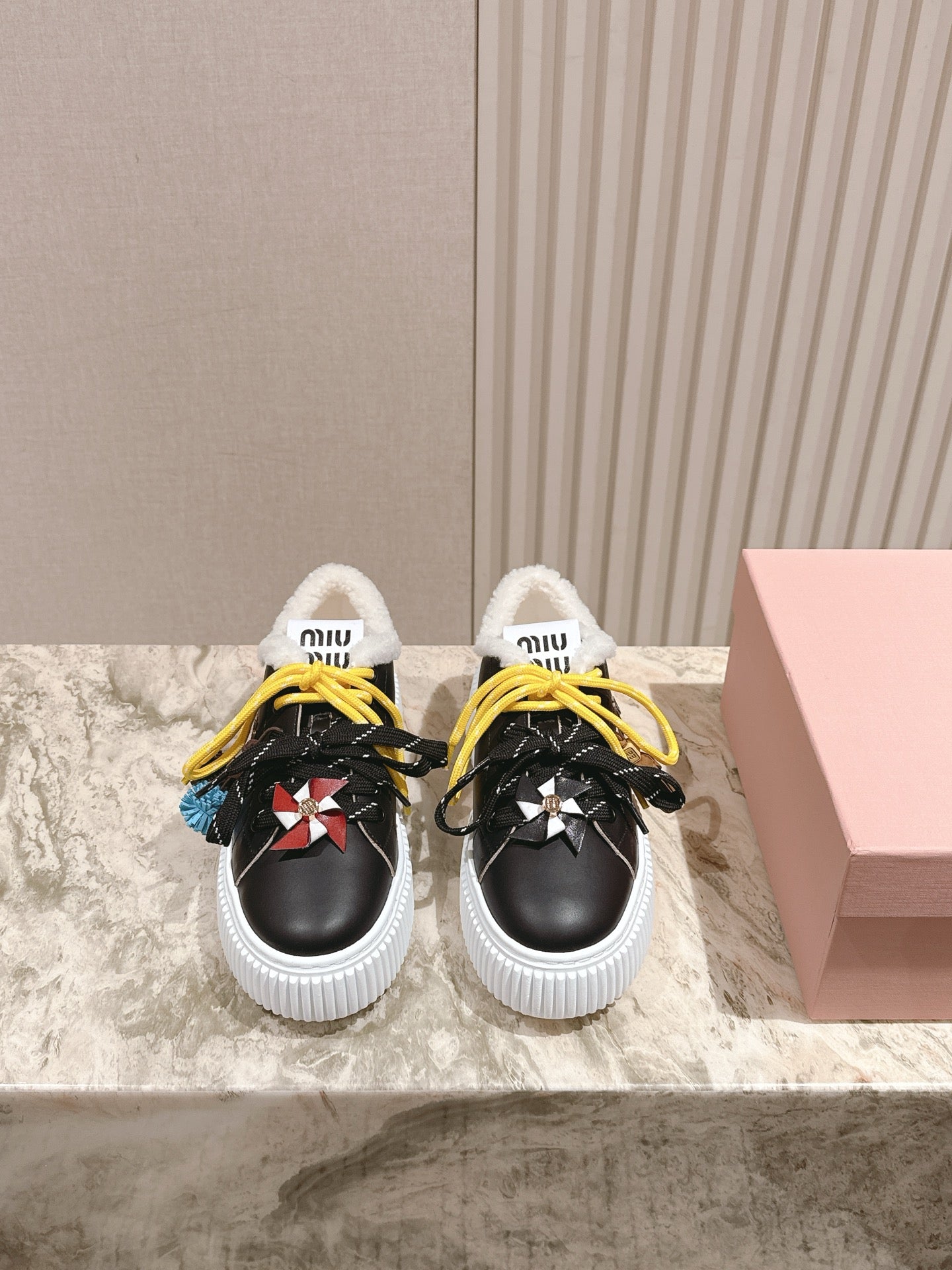 MIU MIU platform sneakers black leather wool 461860