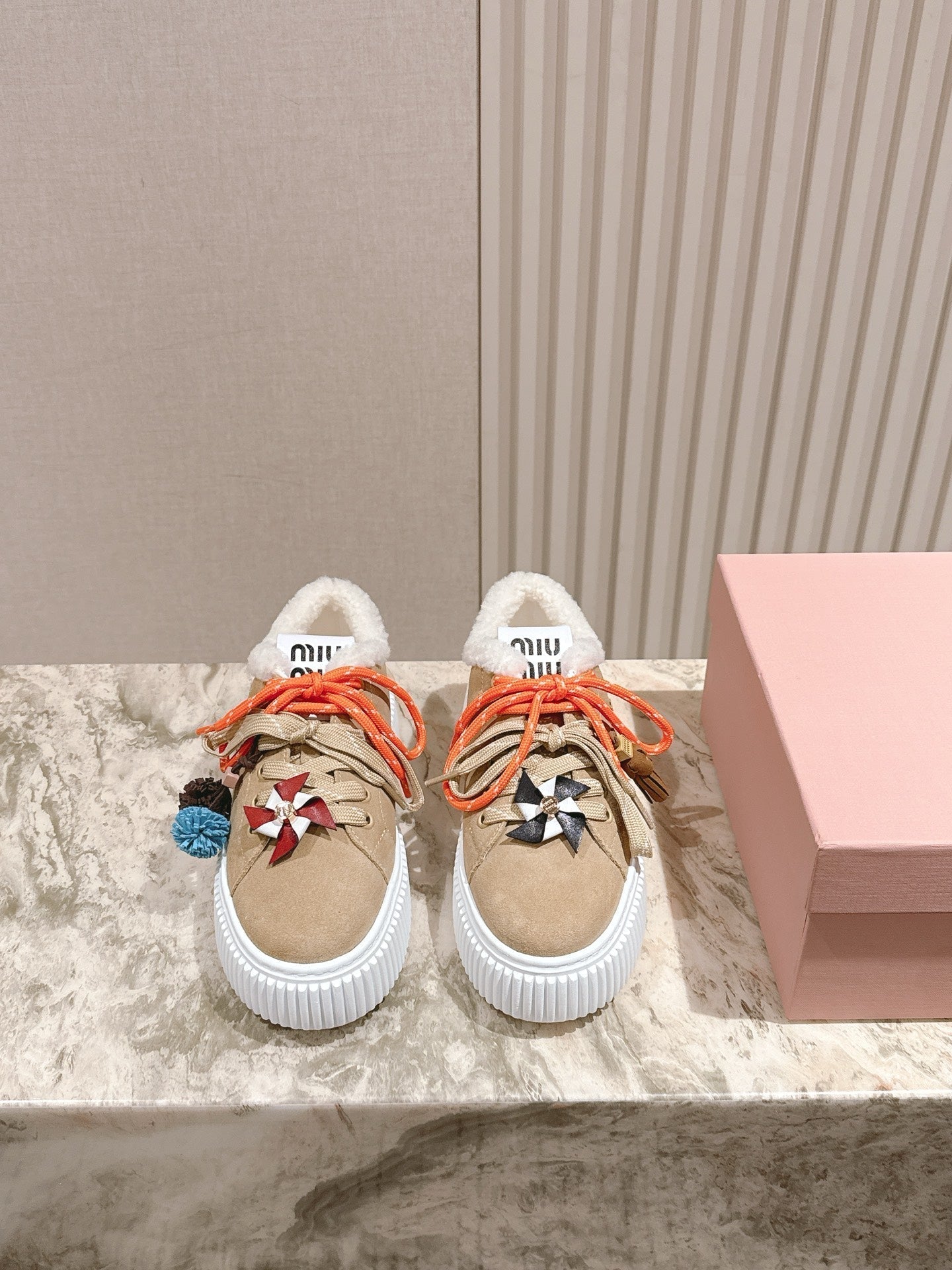 MIU MIU platform sneakers light beige suede wool 461861