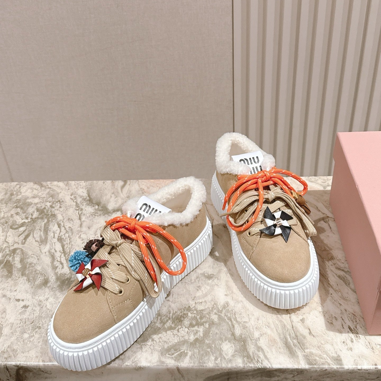 MIU MIU platform sneakers light beige suede wool 461861