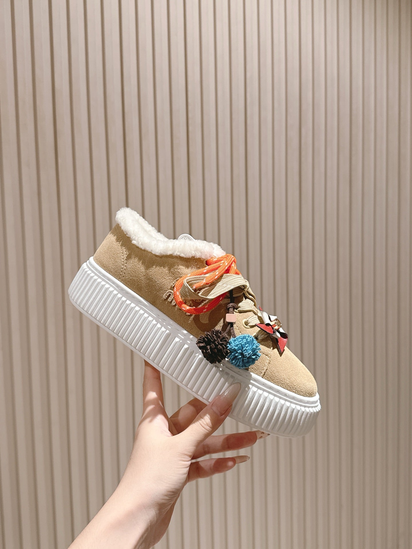 MIU MIU platform sneakers light beige suede wool 461861