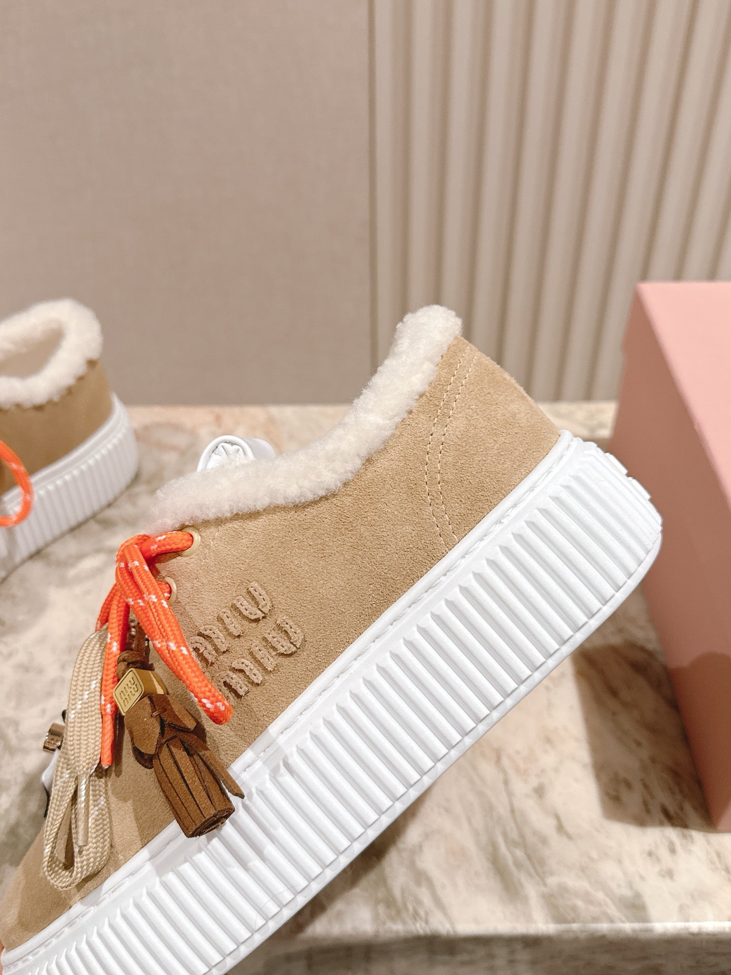 MIU MIU platform sneakers light beige suede wool 461861