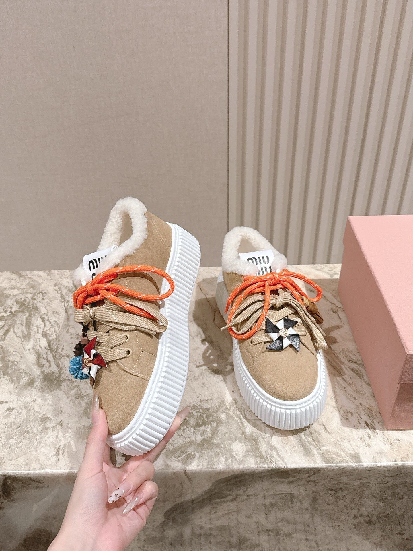 MIU MIU platform sneakers light beige suede wool 461861