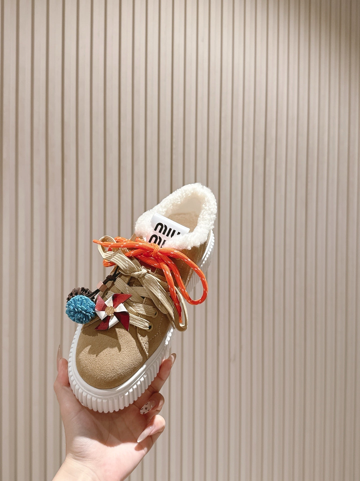 MIU MIU platform sneakers light beige suede wool 461861