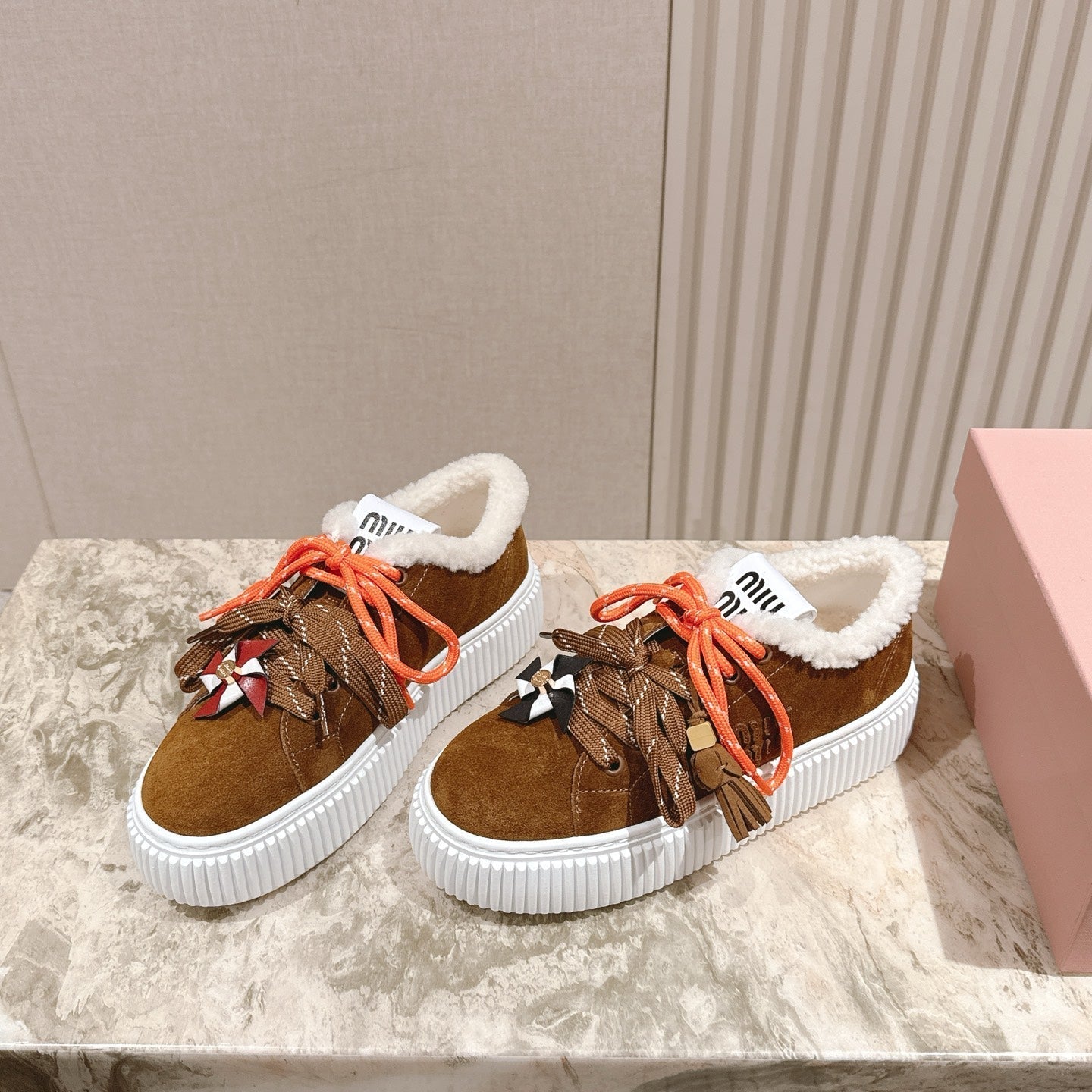 MIU MIU platform sneakers brown suede wool 461864