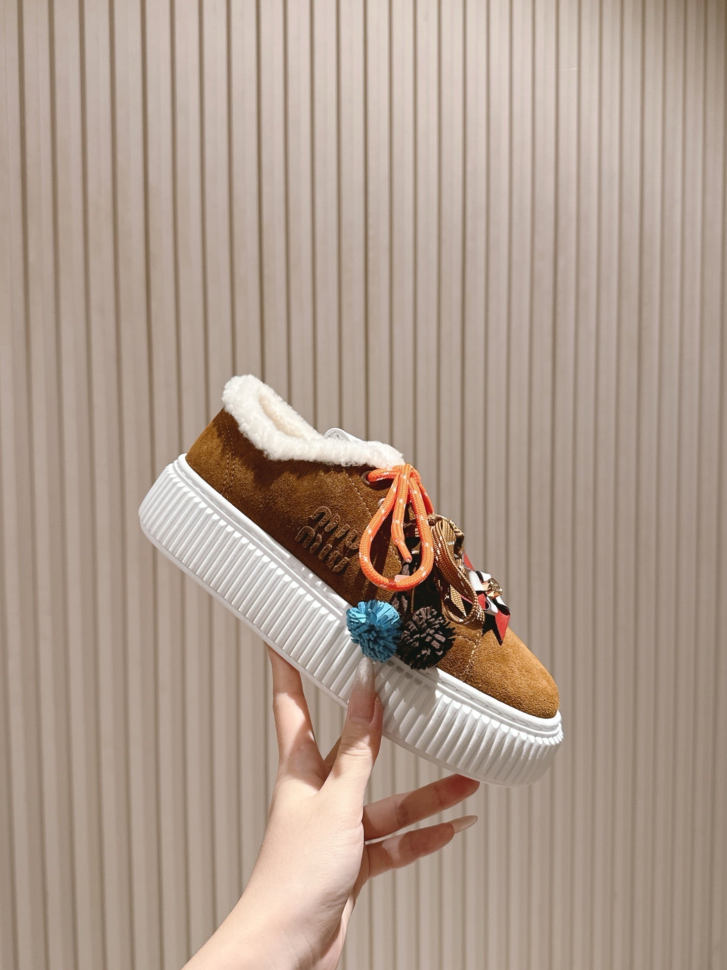 MIU MIU platform sneakers brown suede wool 461864