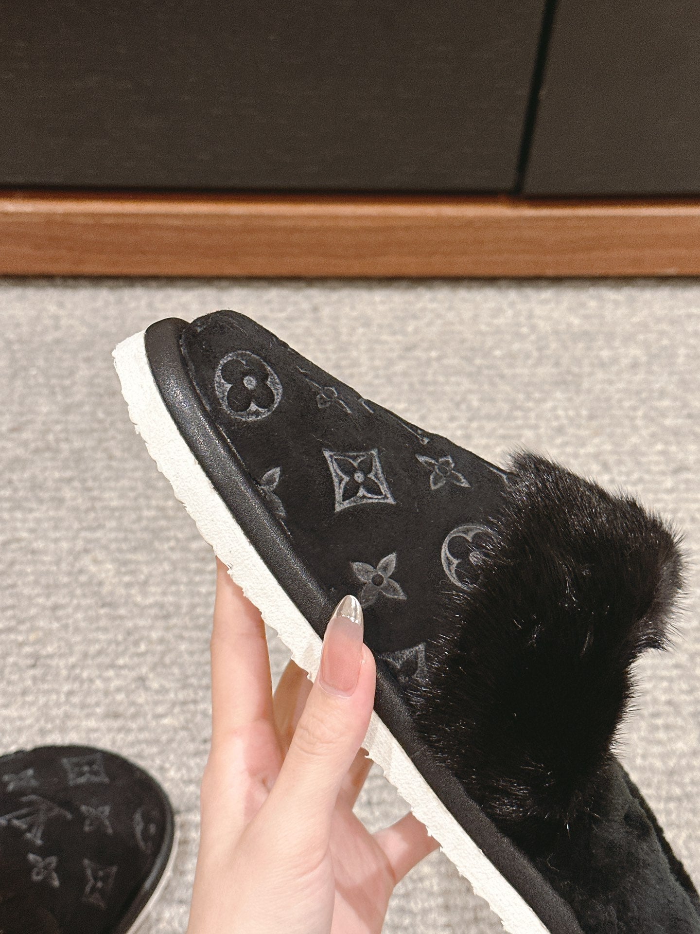 LV Flat Mule Black With Fur Monogram Suede