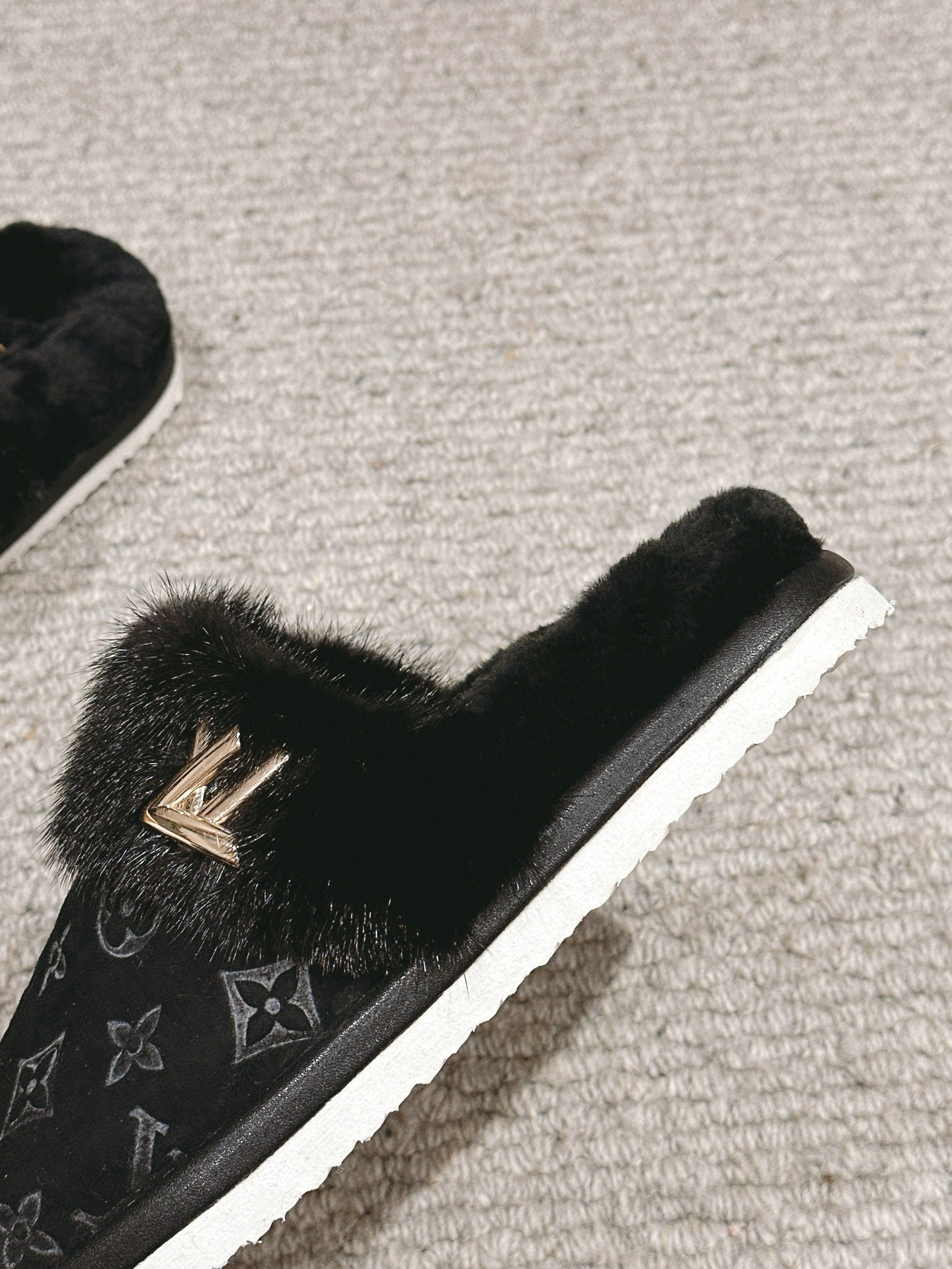 LV Flat Mule Black With Fur Monogram Suede
