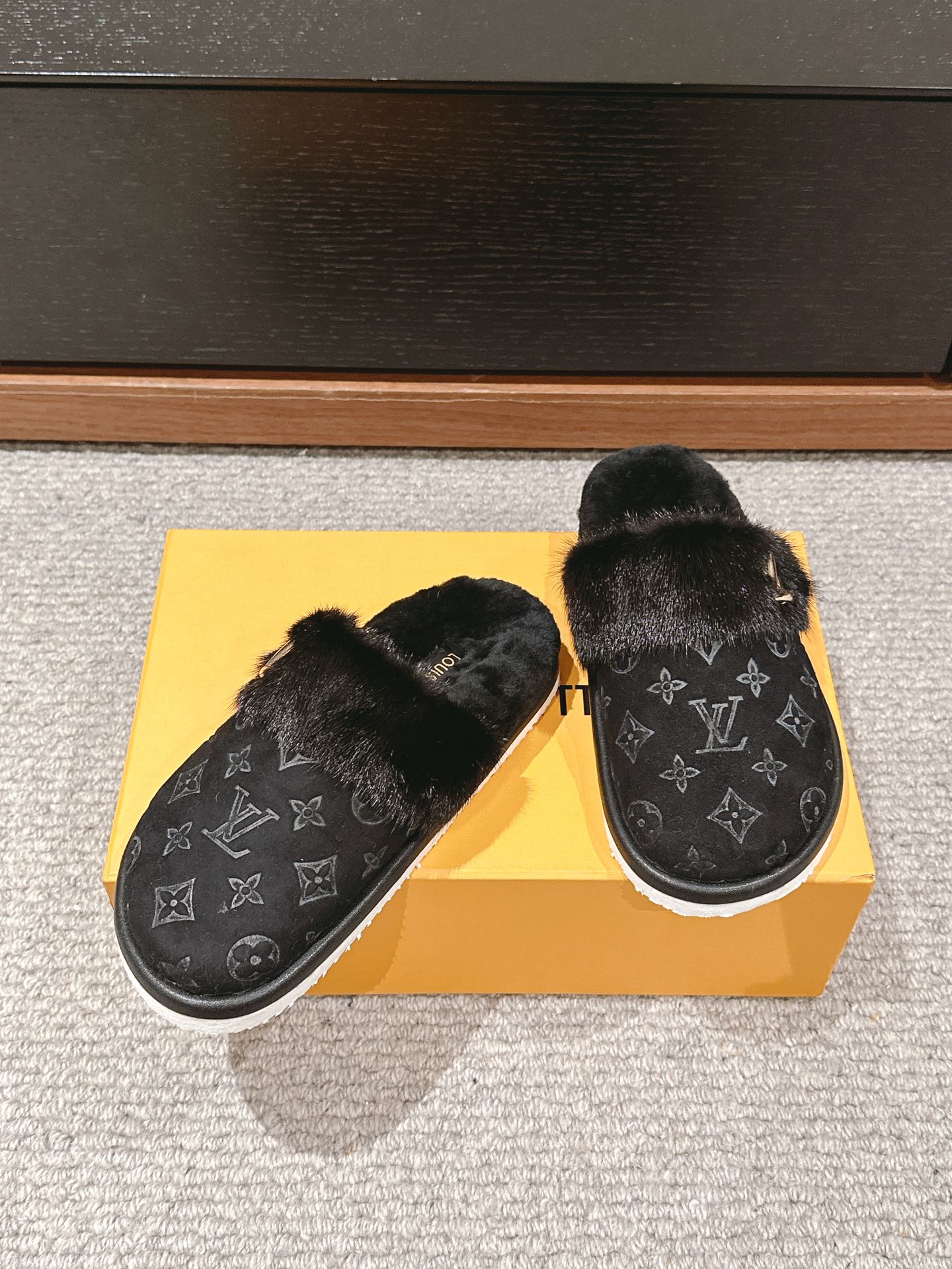 LV Flat Mule Black With Fur Monogram Suede