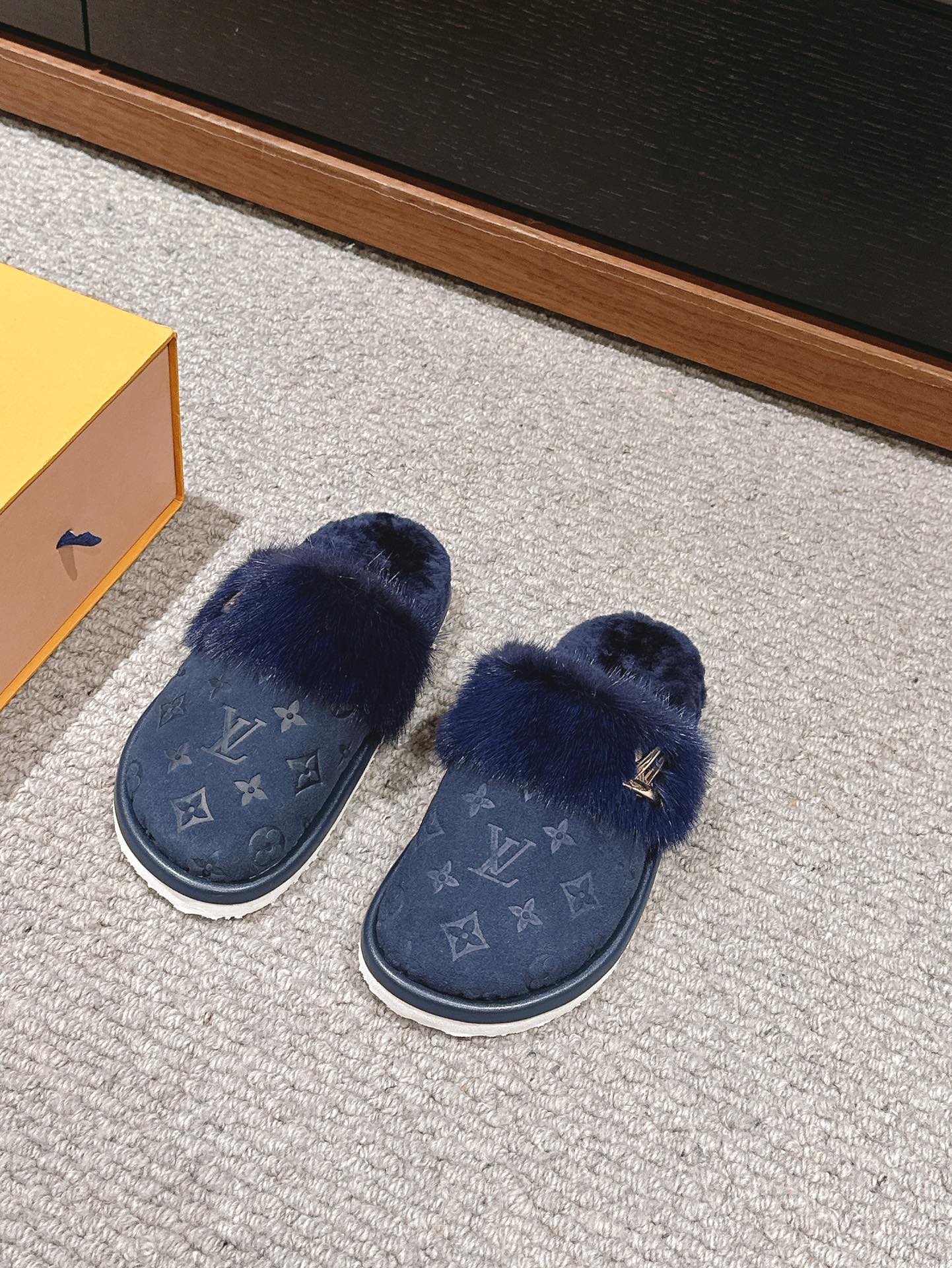 LV Flat Mule Charcoal Blue With Fur Monogram Suede