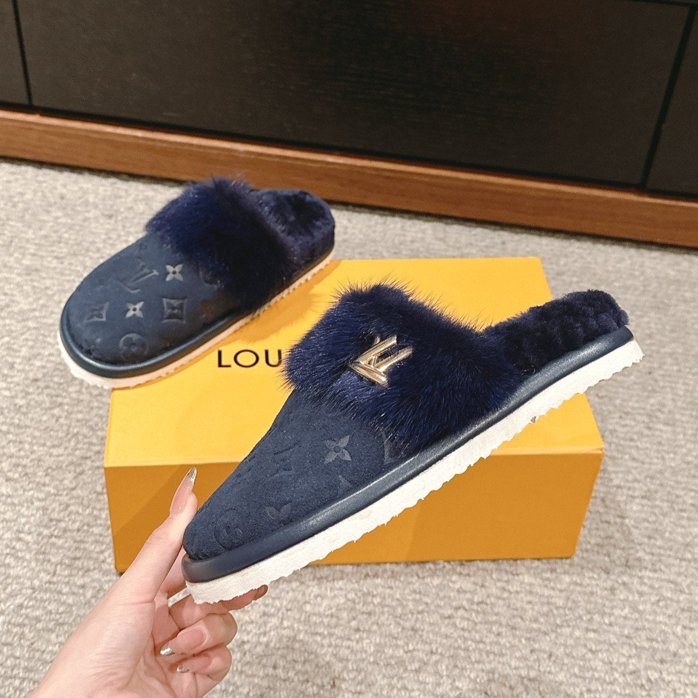 LV Flat Mule Charcoal Blue With Fur Monogram Suede