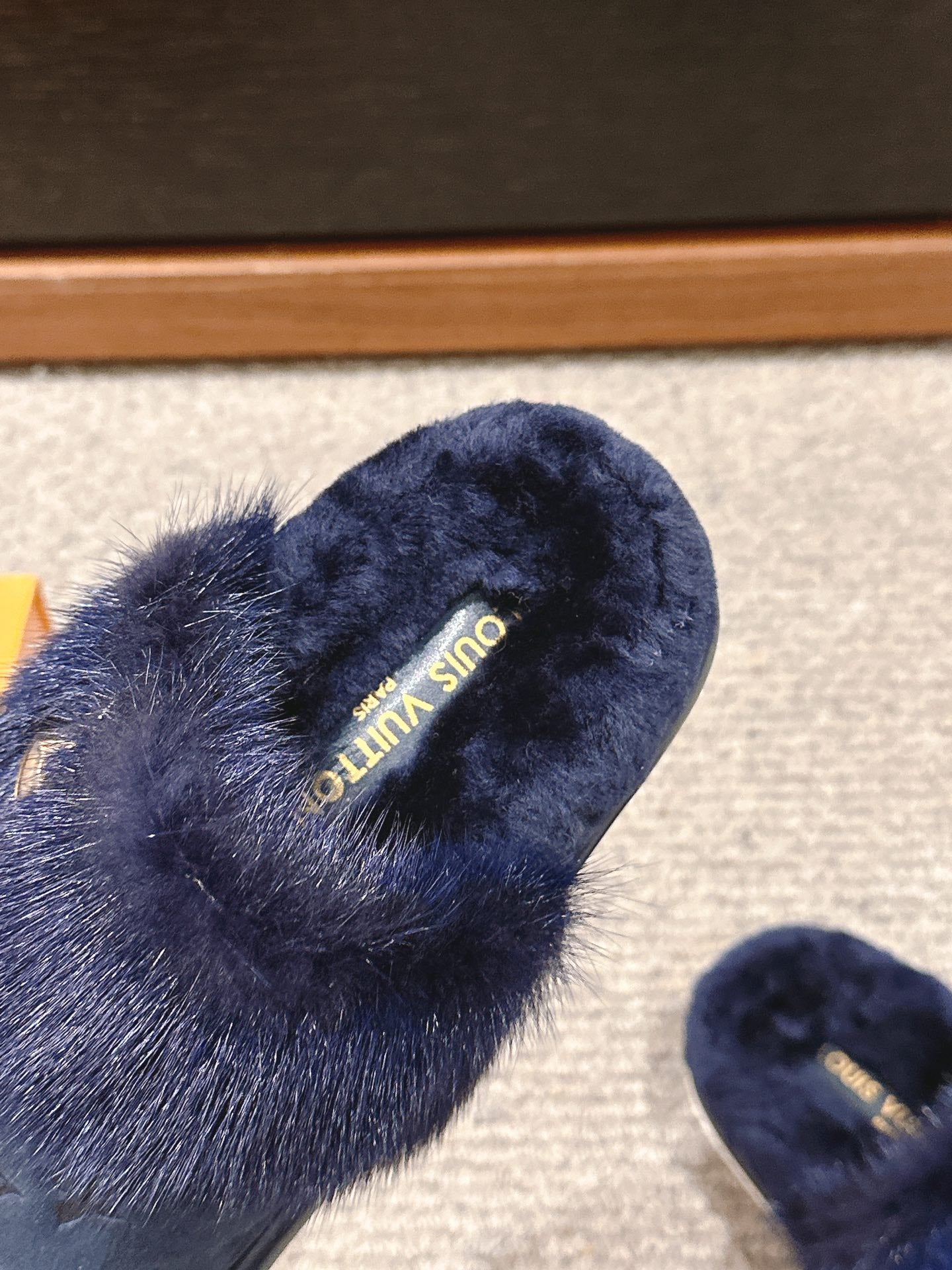 LV Flat Mule Charcoal Blue With Fur Monogram Suede