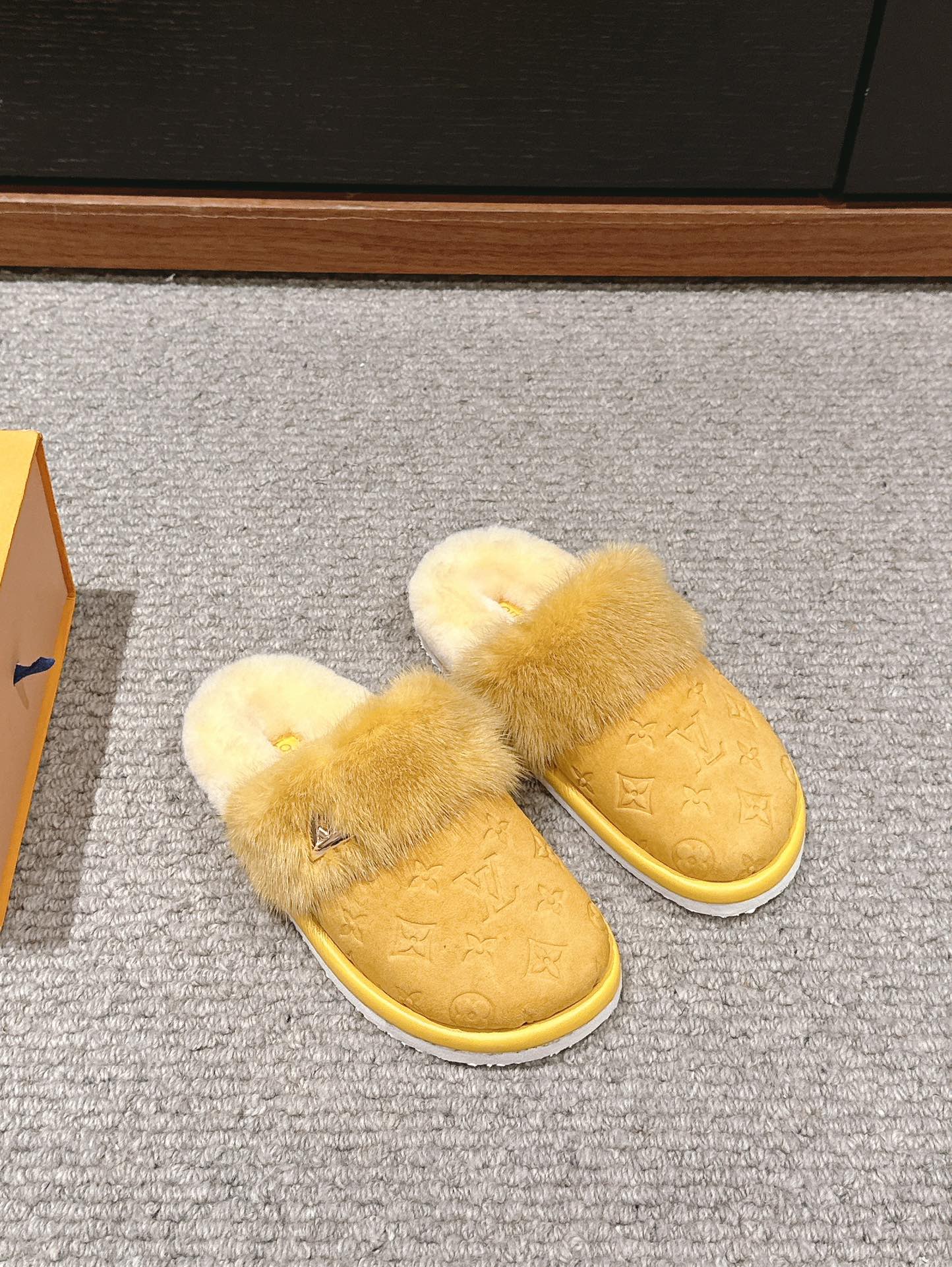 LV Flat Mule Yellow With Fur Monogram Suede