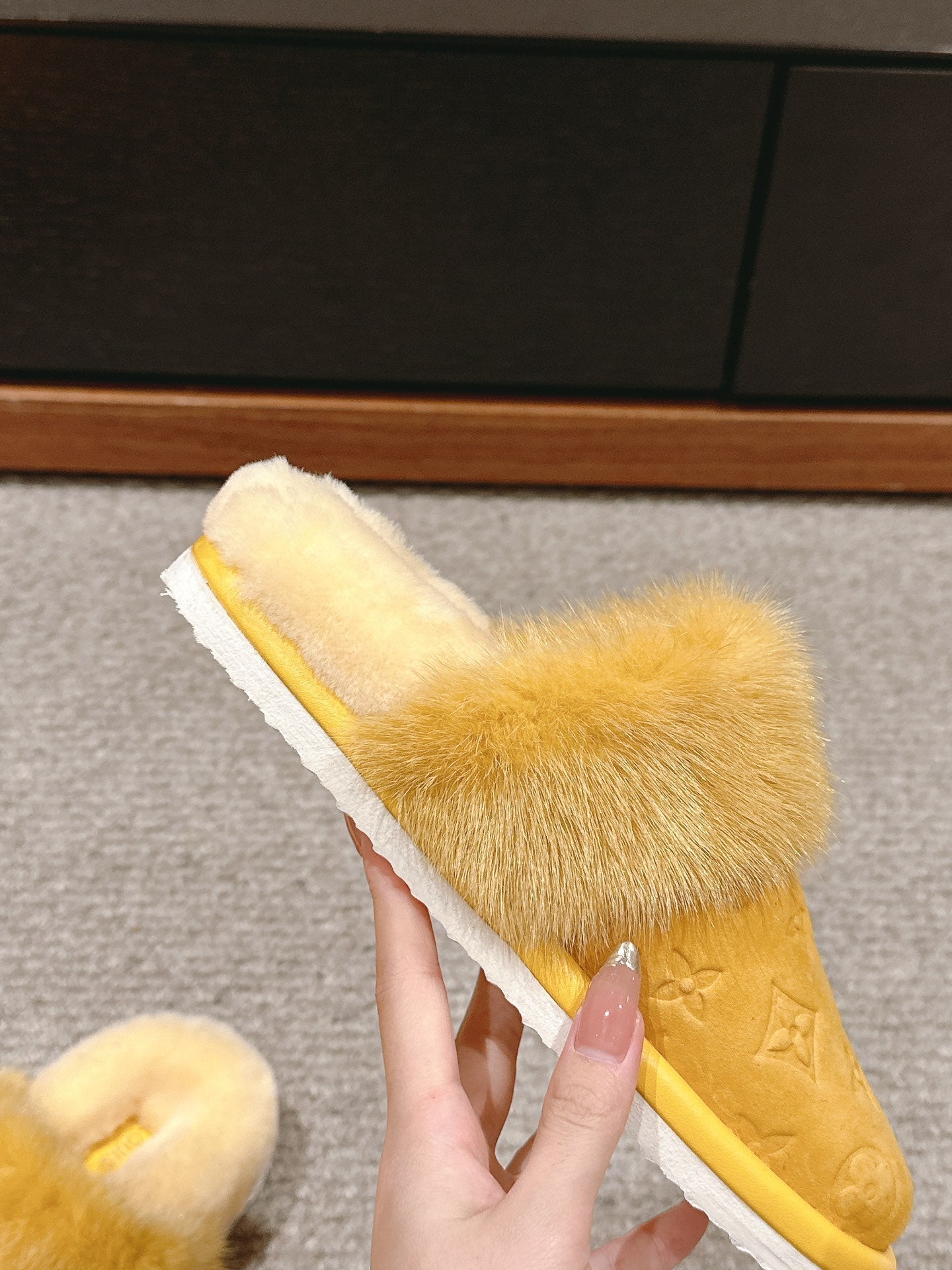 LV Flat Mule Yellow With Fur Monogram Suede