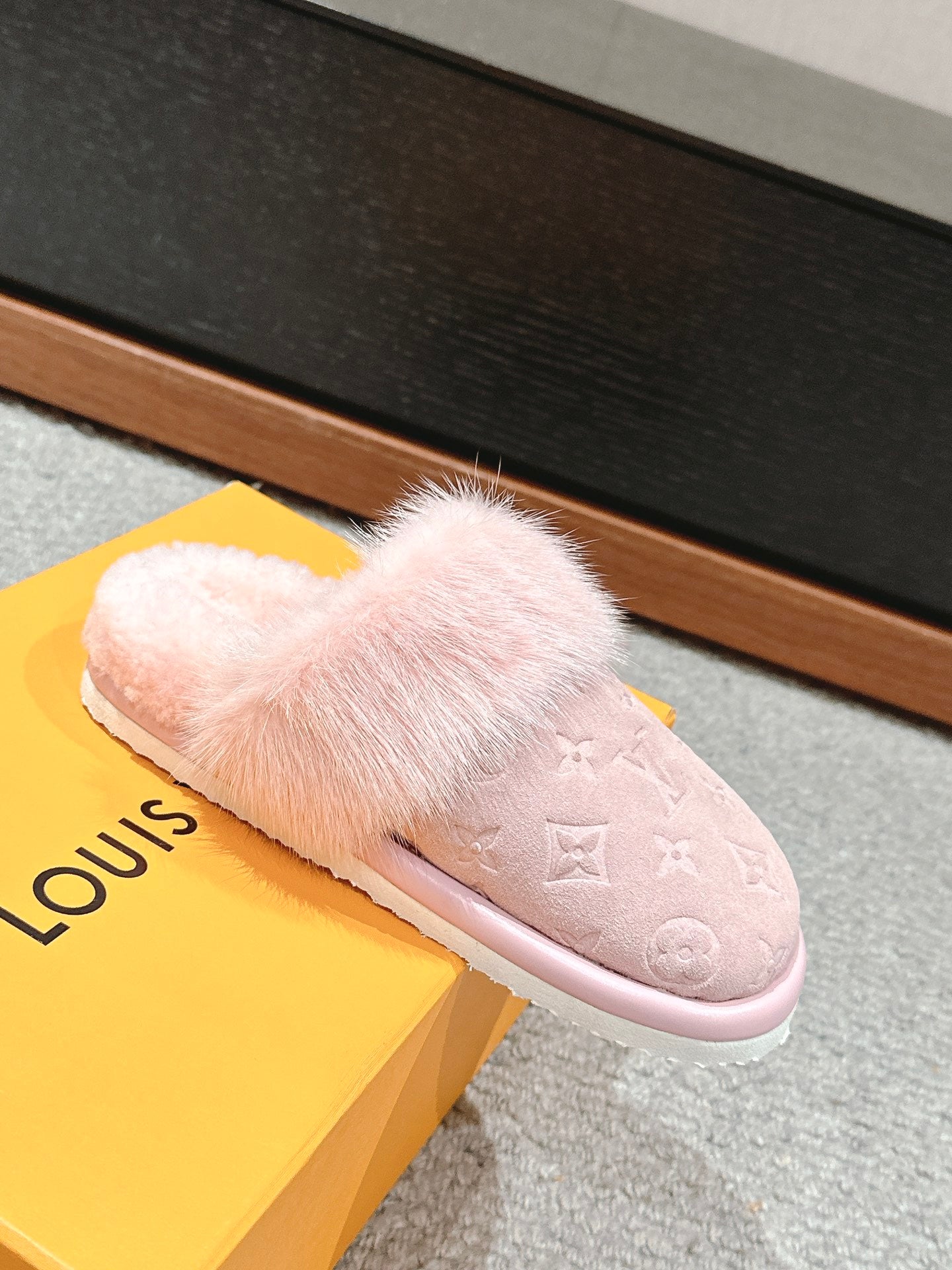 LV Flat Mule Pink With Fur Monogram Suede