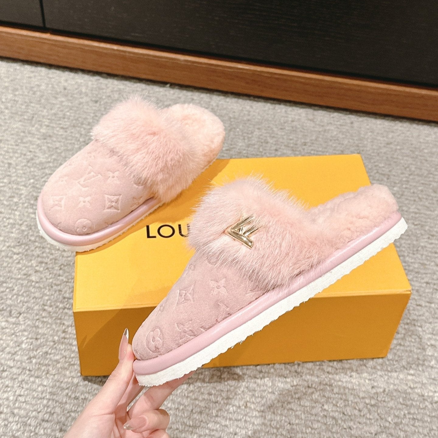 LV Flat Mule Pink With Fur Monogram Suede