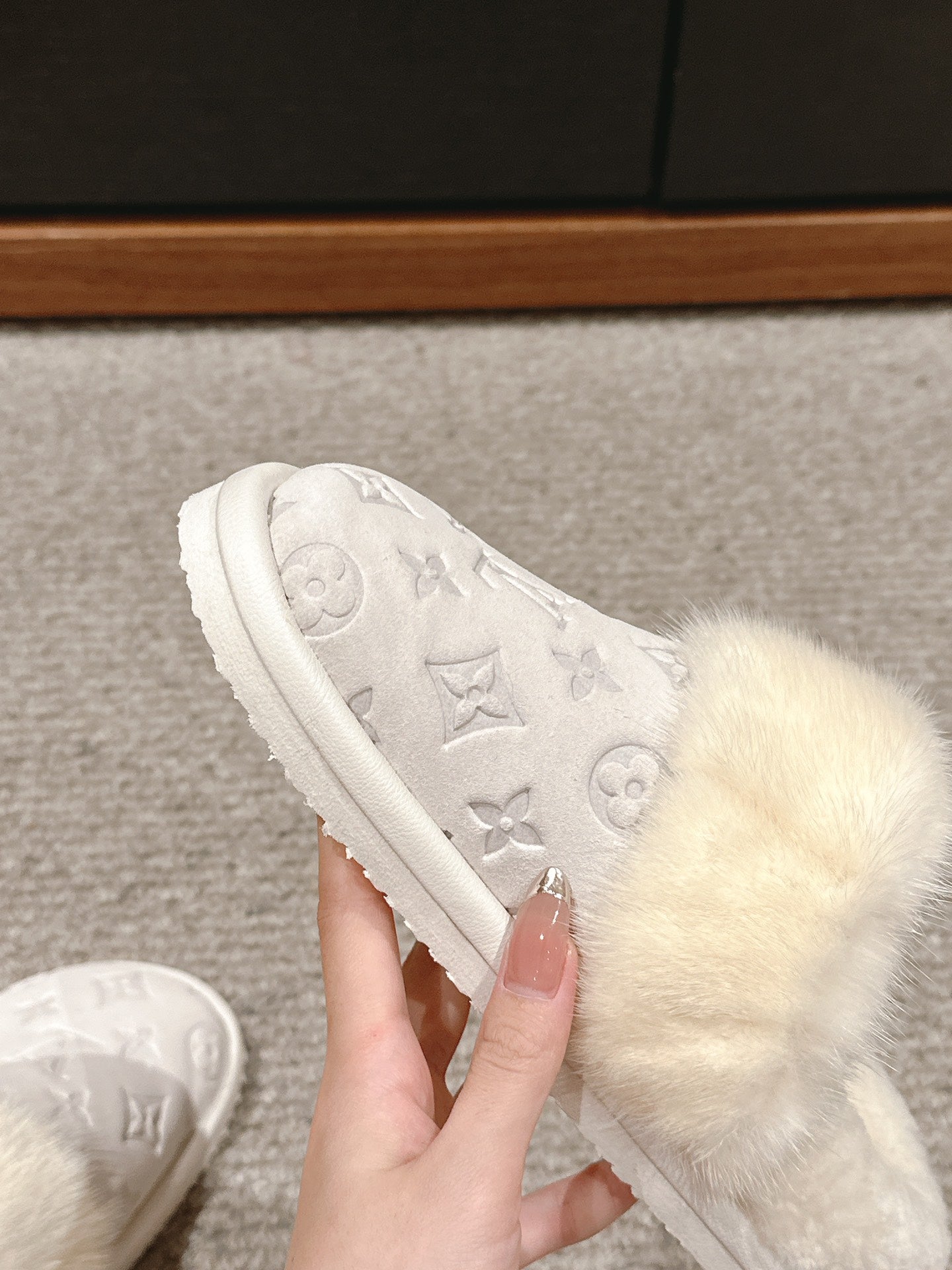 LV Flat Mule White With Fur Monogram Suede