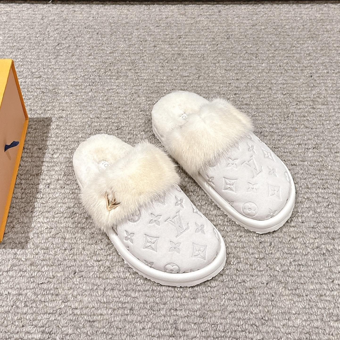 LV Flat Mule White With Fur Monogram Suede