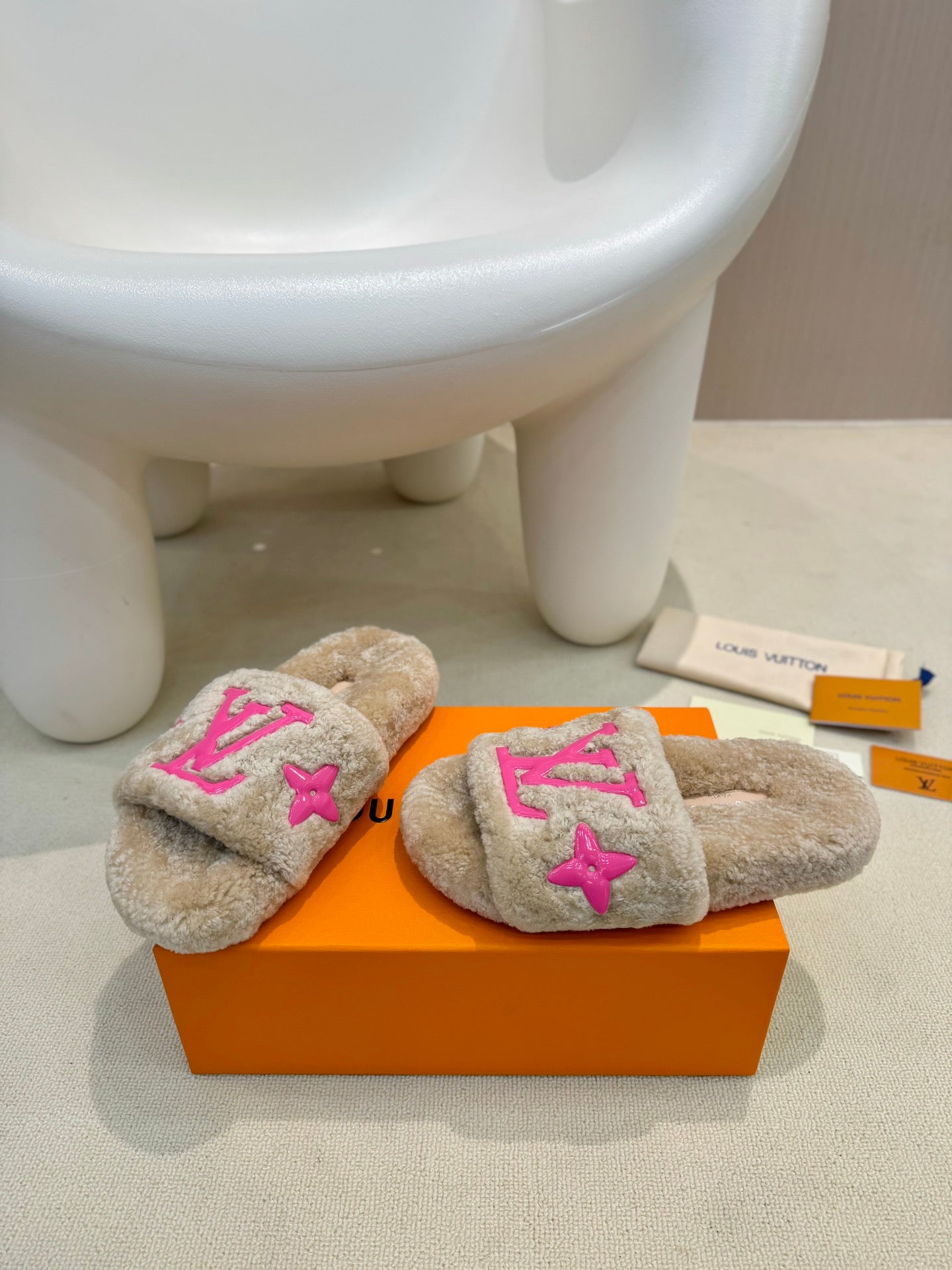 LV Fur Slippers Light Brown With Pink Text Pure Wool